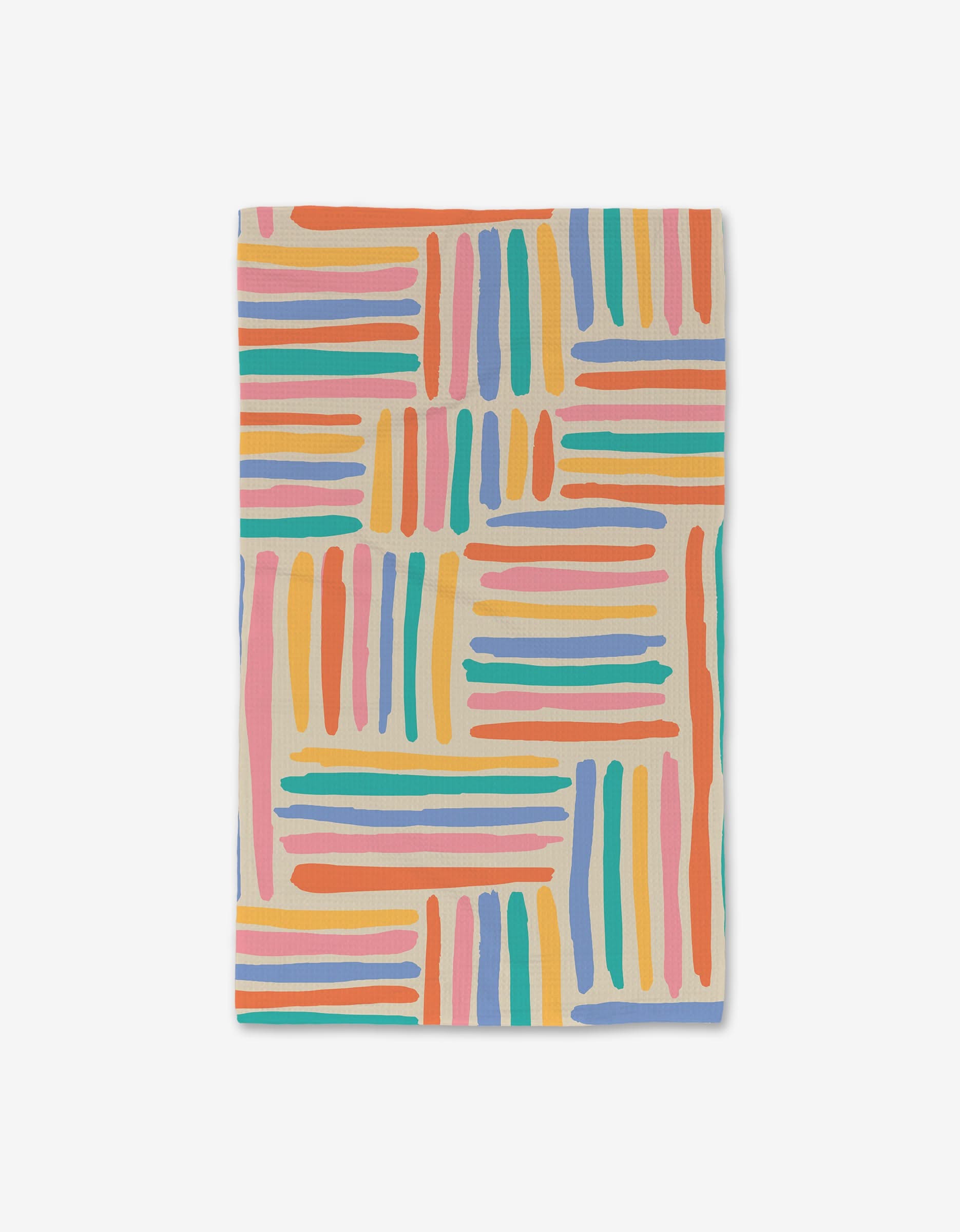 Pathways by Sareka Unique is a rectangular cloth with a vibrant abstract brushstroke pattern in orange, teal, blue, yellow, and purple on cream—crafted from ultra-absorbent recycled materials for luxe hand towels.