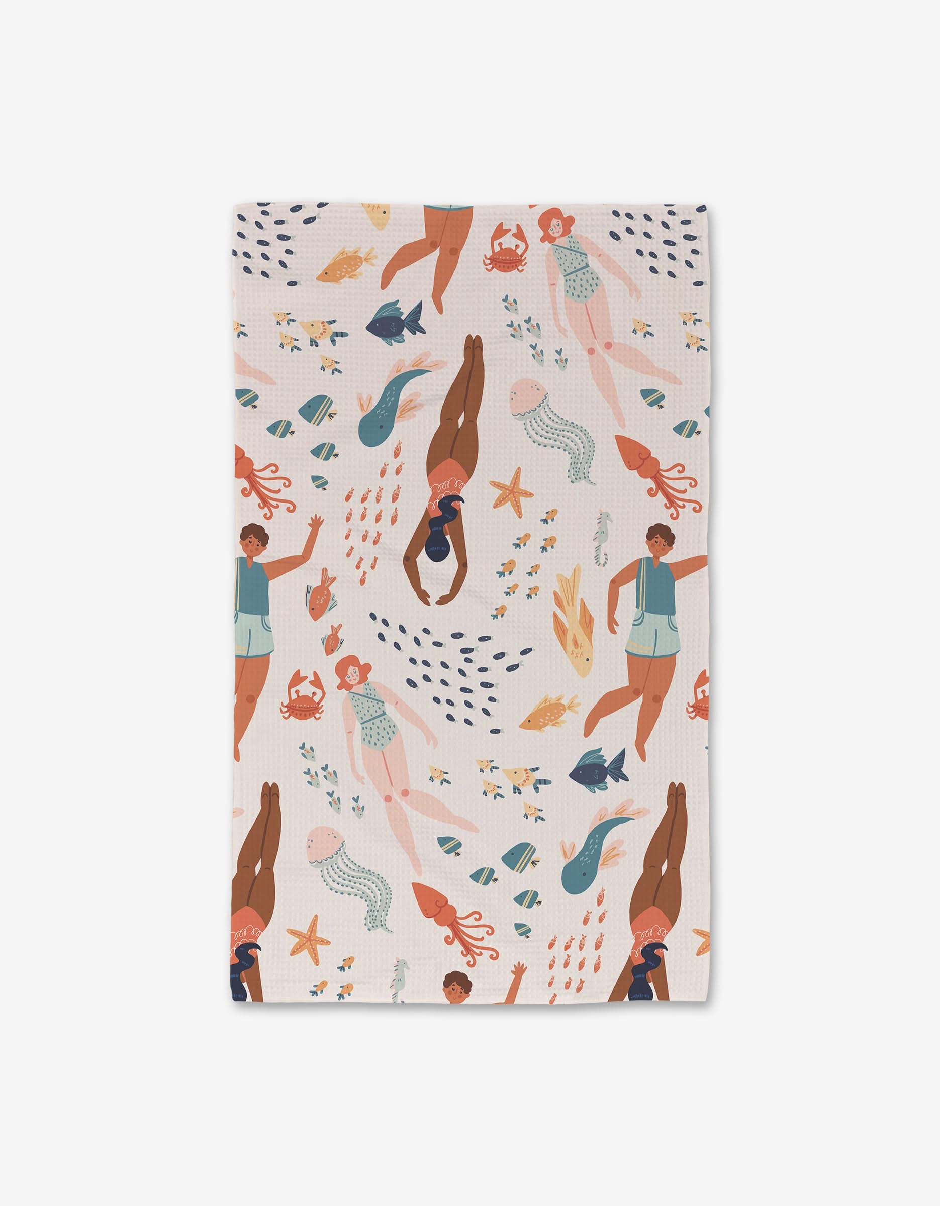 The Spirit of the Ocean Luxe Hand Towel by Janna Sue Design features swimmers, mermaids, and sea life in colorful patterns on a light background. Crafted with ultra-absorbent Geoweave technology for exceptional performance.