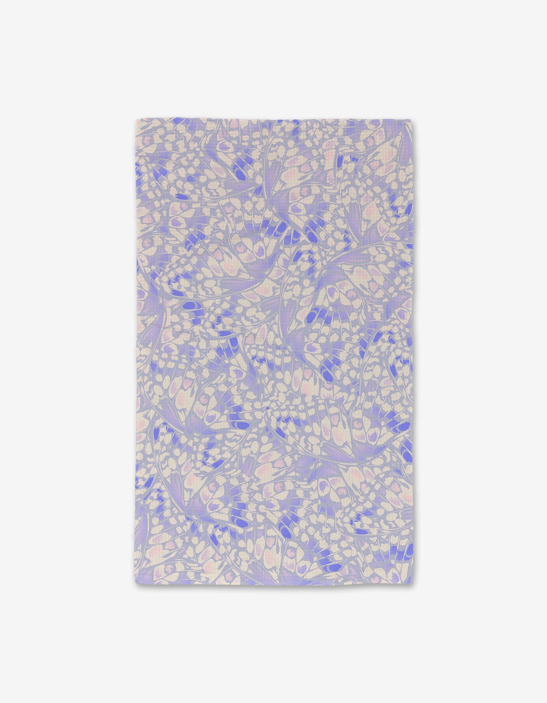 The Wings in the Wind Lavender hand towel by GEOMETRY features a pastel abstract leaf and seed pattern in lavender, blue, and pink on white, crafted with ultra-absorbent Geoweave Technology for a luxe touch.