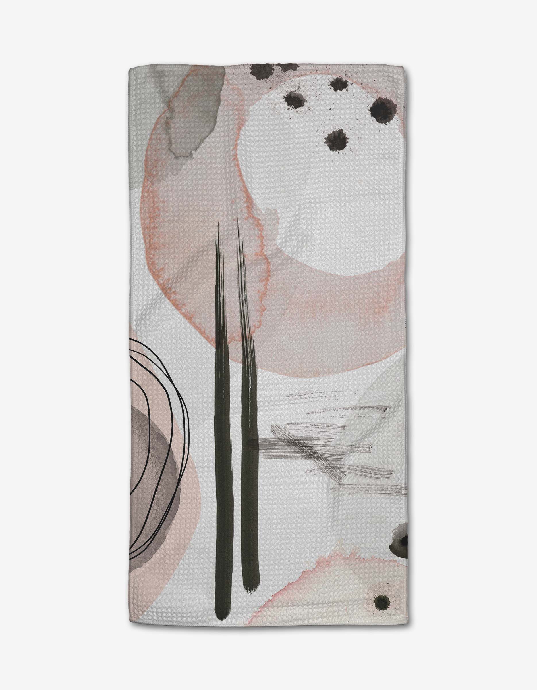 The Harper Abstract Bar Towel by Kailee Wright features abstract watercolor designs in soft pink, gray, and black with circles, dots, and brushstrokes on a light recycled background.