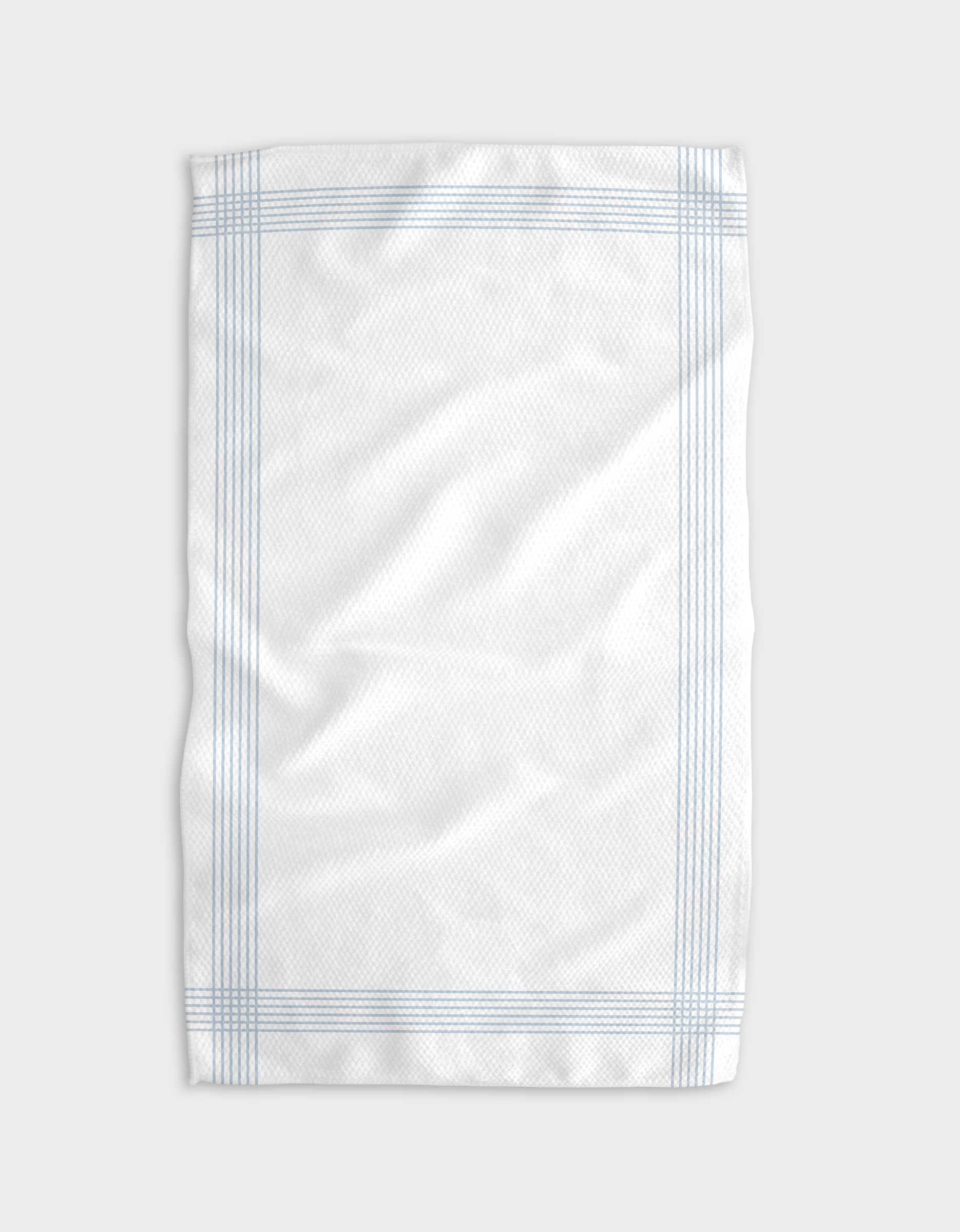 The Buy Guide’s Borderline - Light Blue Tea Towel, made from soft Geoweave fabric, features a white base with light blue double-line borders and a subtle texture, shown flat on a light gray background.