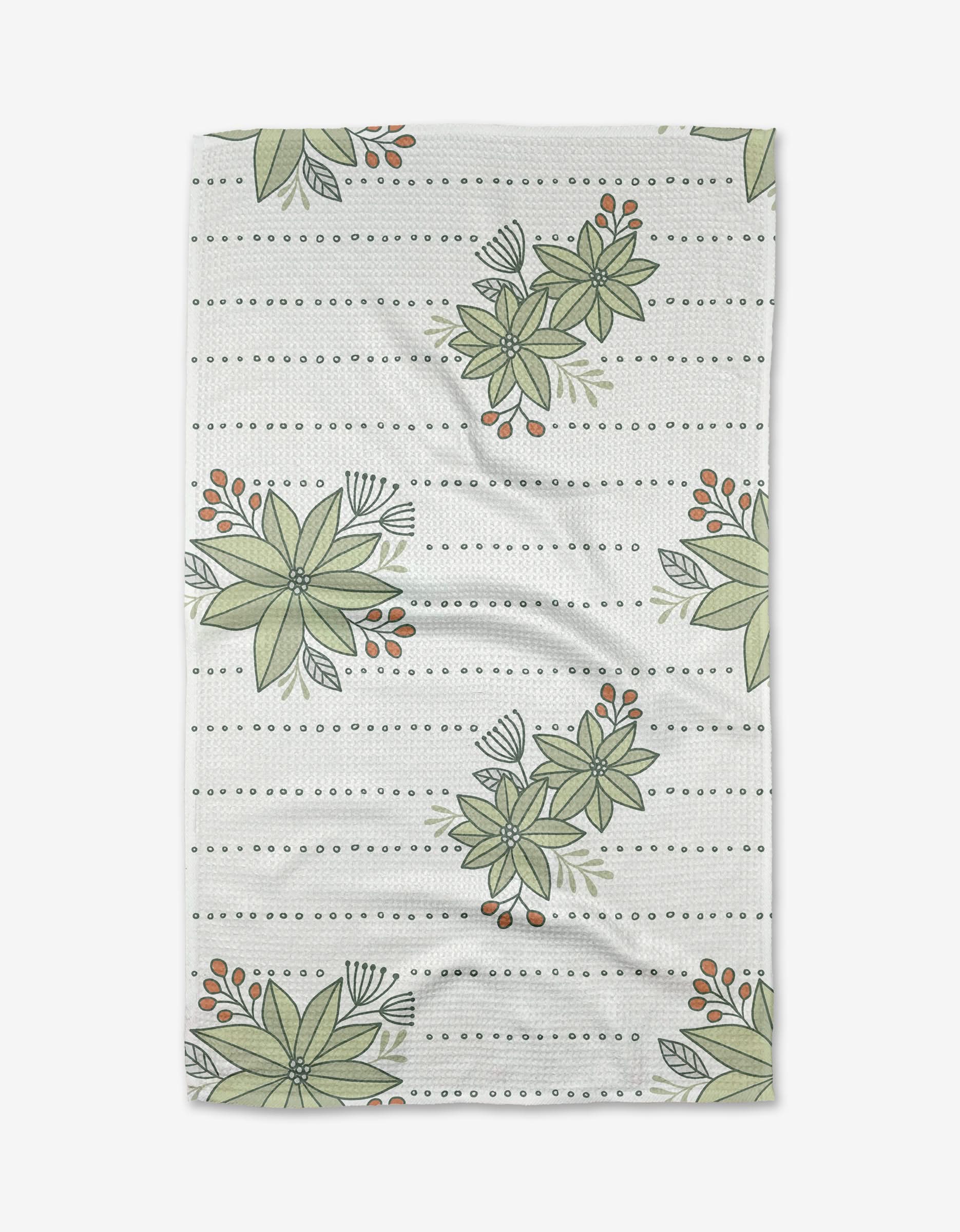 The Allegra tea towel by Amy MacCready features a white background with green leafy flowers, small brown buds arranged diagonally, and dotted lines—an ideal touch to brighten up your kitchen.
