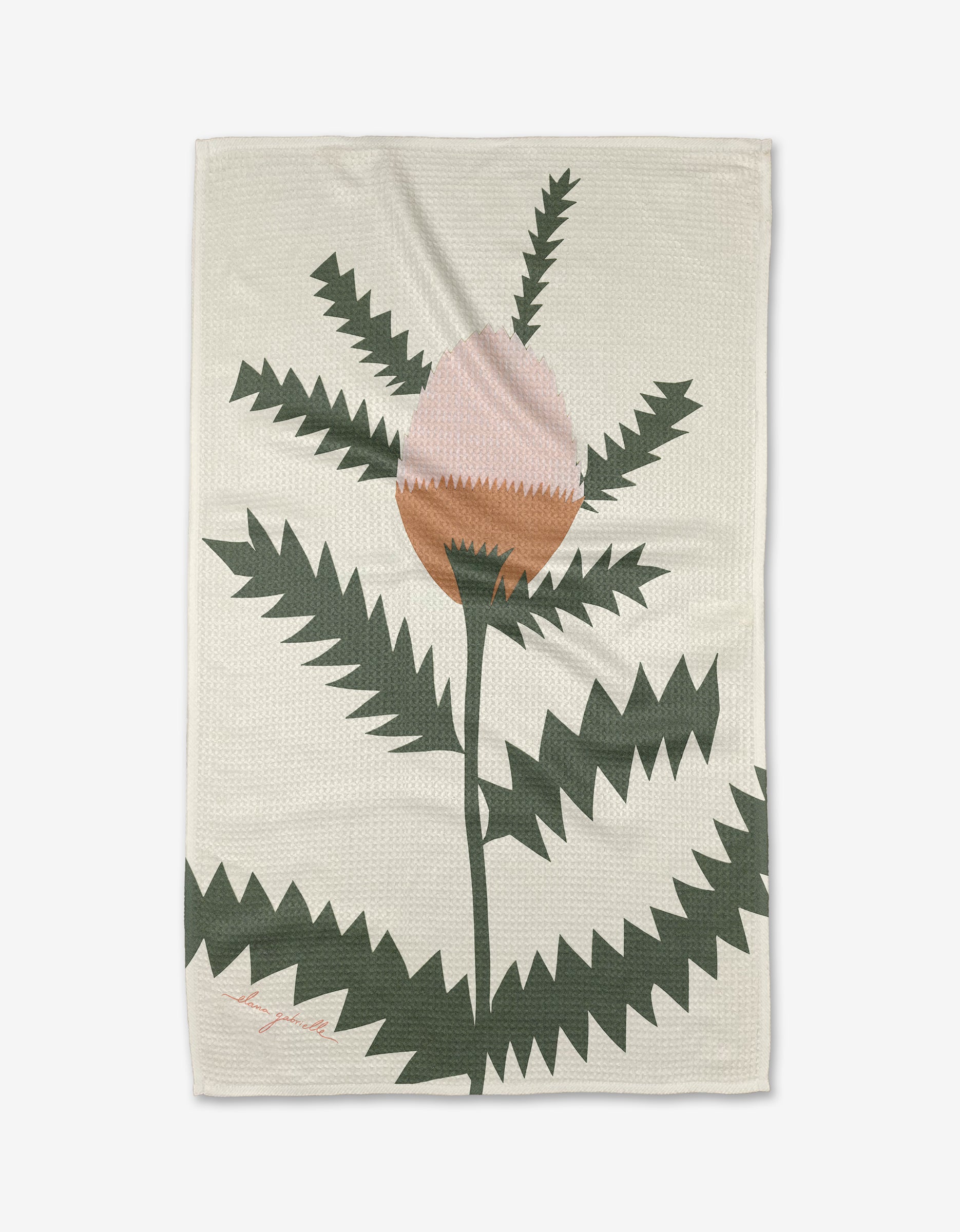 The Along the Path tea towel by Elana Gabrielle features a stylized flower with jagged green leaves and a large pink-brown bud on beige; this absorbent towel brings charm and function to any kitchen.