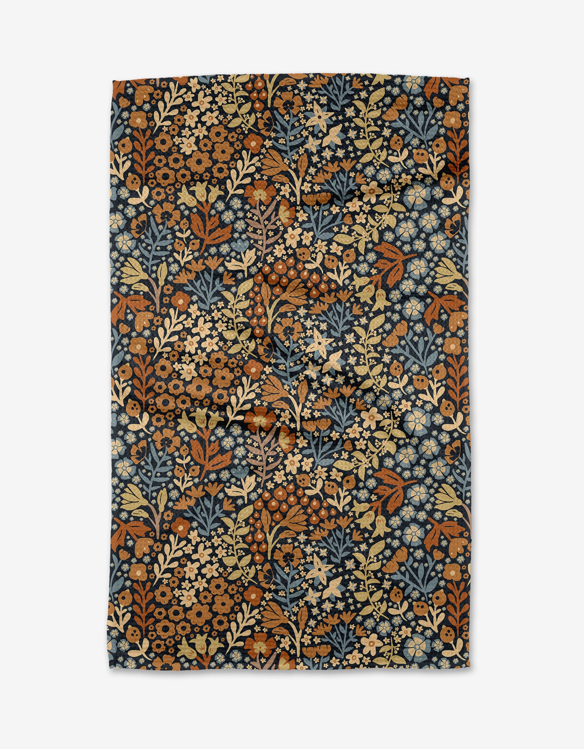 Arthur by Danelys Sidron is a rectangular Geoweave fabric with a dense floral pattern in earthy orange, blue, and cream. Featuring flowers and leaves on a dark background, the ultra-absorbent fabric lies flat with slight visible creases.