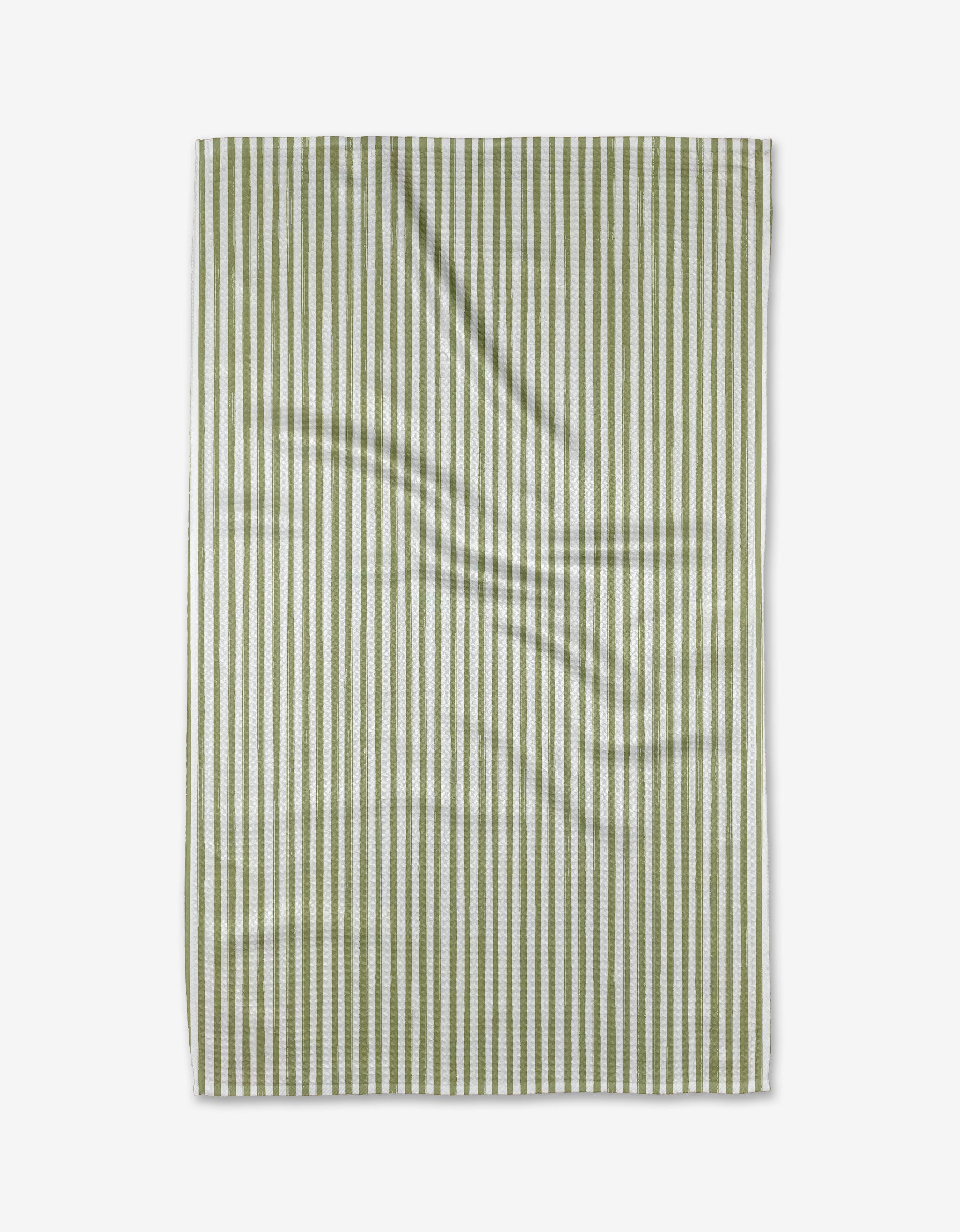 The Kailee Wright Avocado towel, featuring green and white stripes and made from ultra-absorbent Geoweave fabric, is laid flat on a white background with slight surface wrinkles.