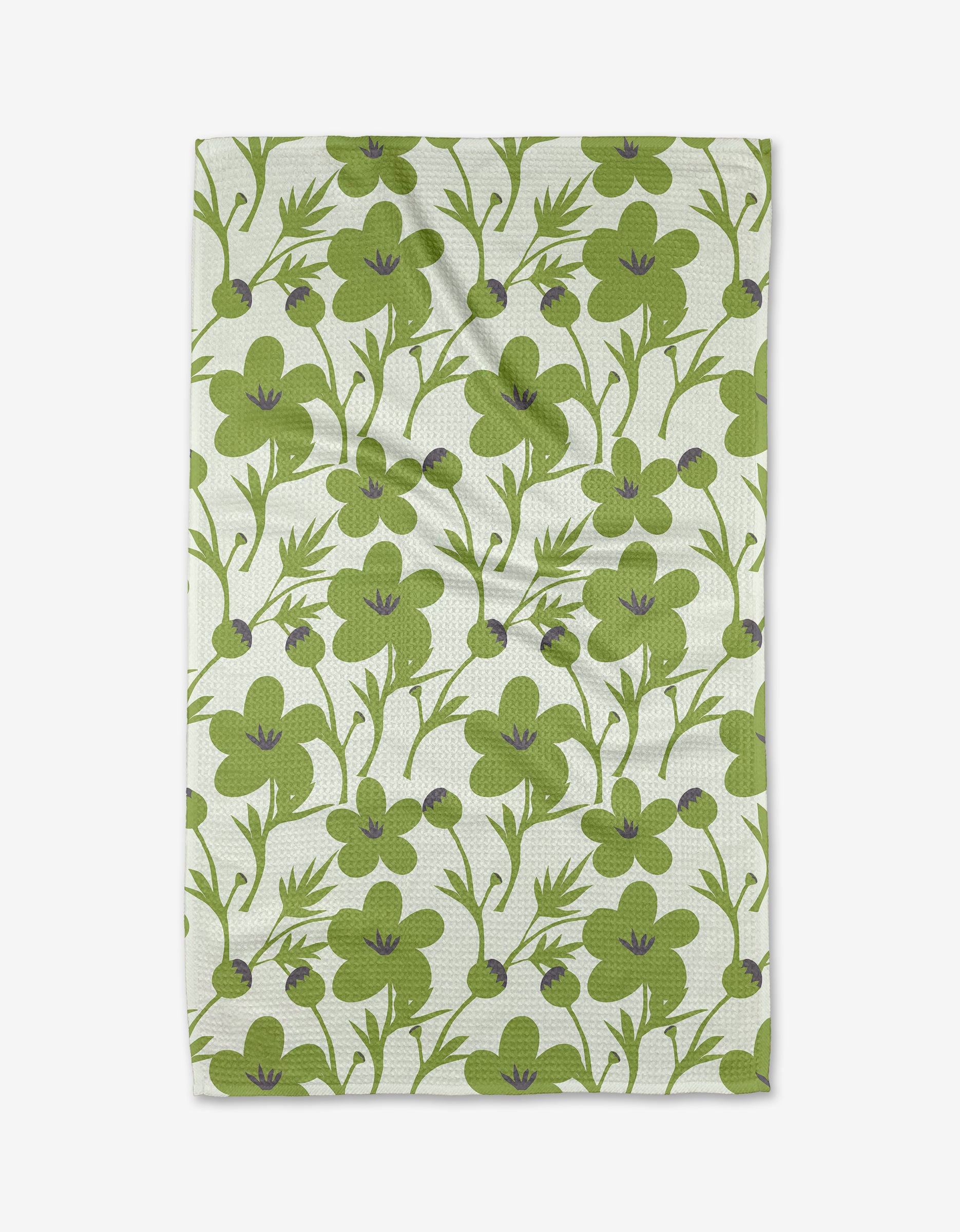 The Blooming Blossoms tea towel by Lizzie Clark showcases large green flowers with purple centers, slender stems, and scattered leaves on white Geoweave fabric—crafted from recycled materials for an eco-friendly touch.