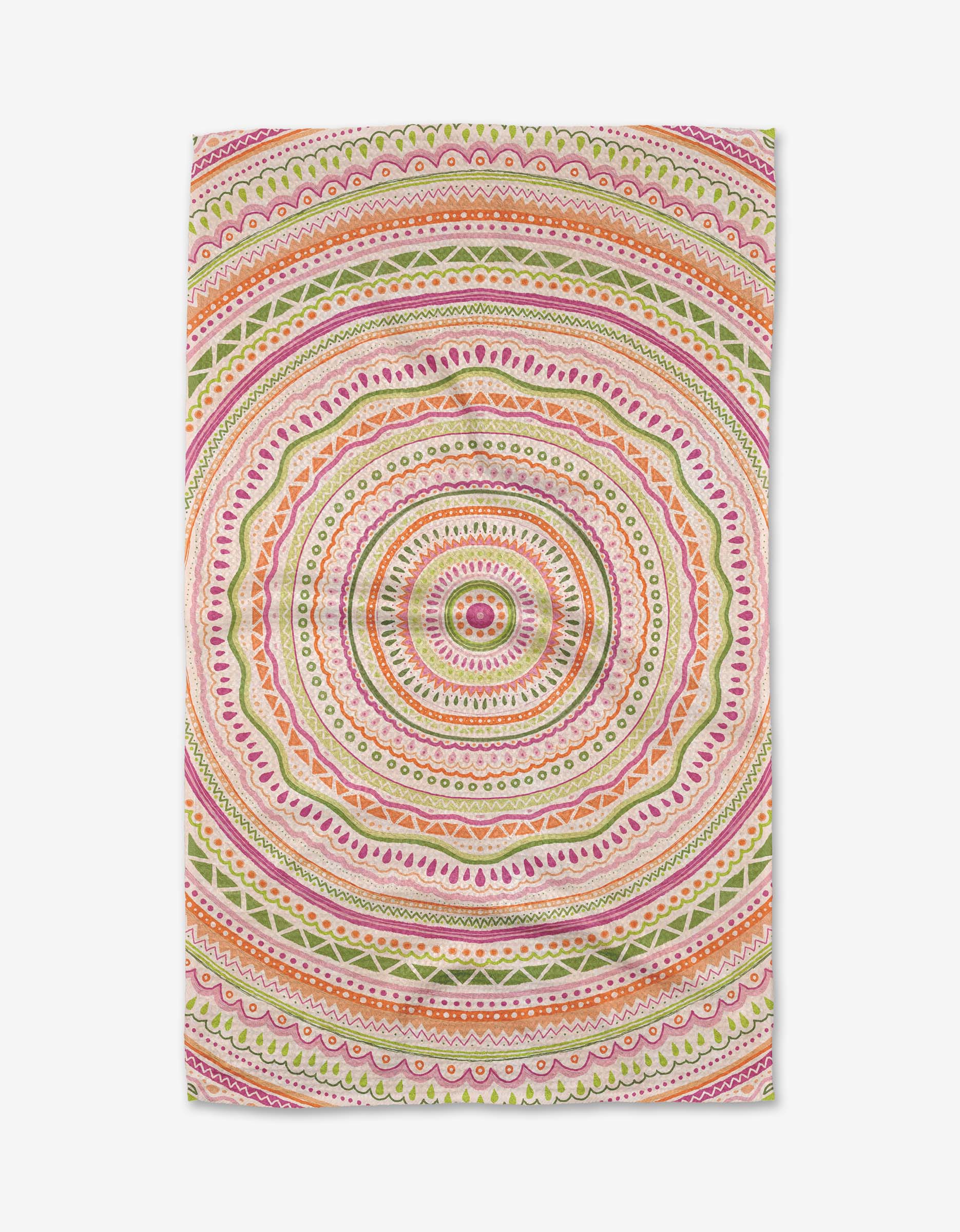 The GEOMETRY Bohemian Spring tea towel features a vibrant mandala design in pink, orange, yellow, and green on soft, durable Geoweave fabric for enhanced absorbency.