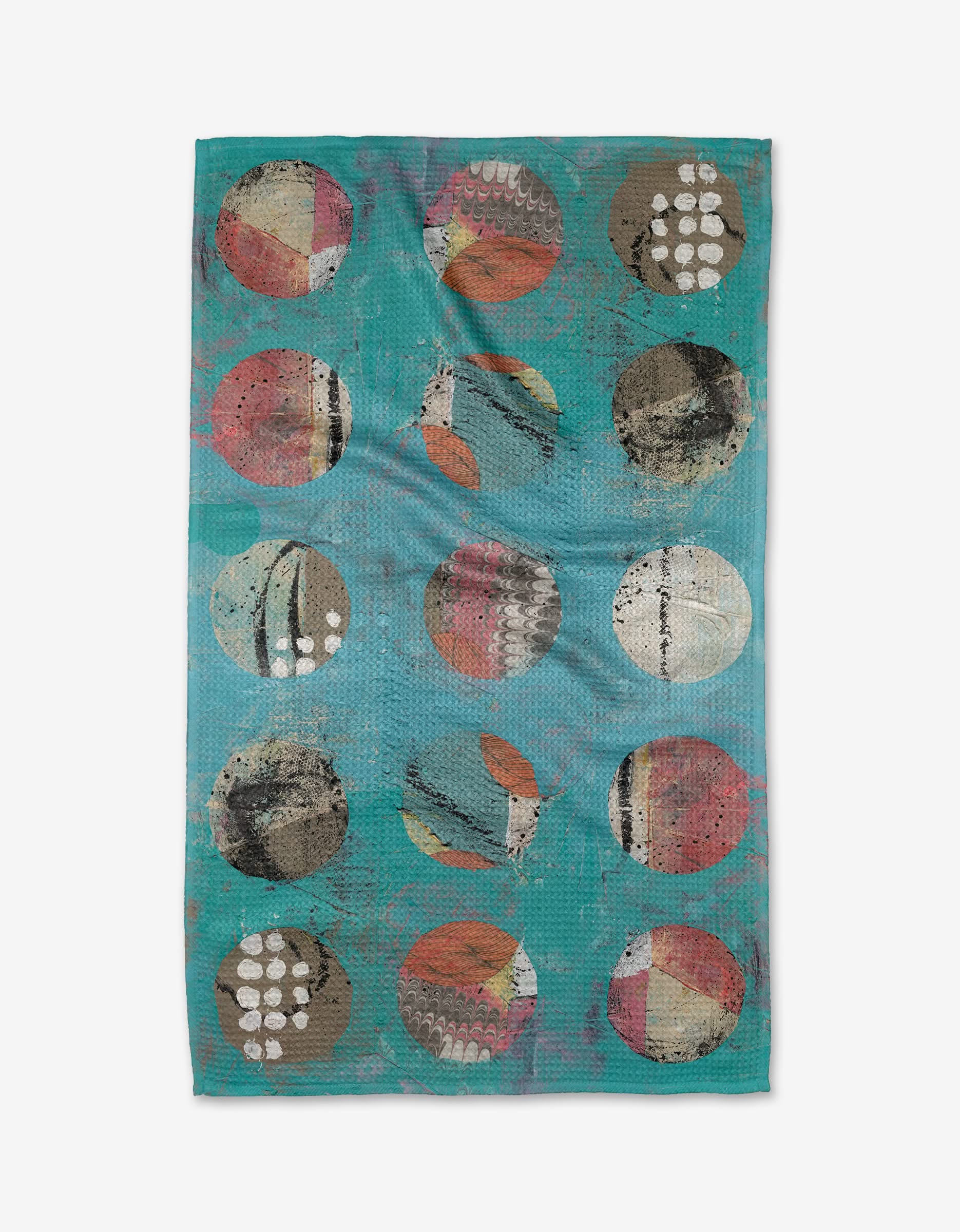 Boxed In by Katherine Berkeley is a rectangular teal rug with three rows of four abstract, earth-toned circles featuring geometric and organic designs—crafted from recycled materials for eco-conscious style.