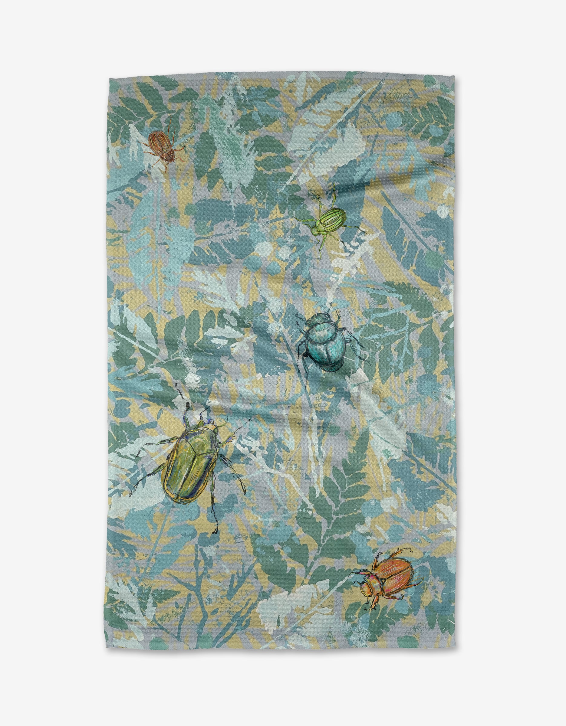 The Bug Leaves tea towel by Taryn Brennan features a textured Geoweave fabric with green, orange, and blue beetles among blue and yellow leafy branches on a light background.