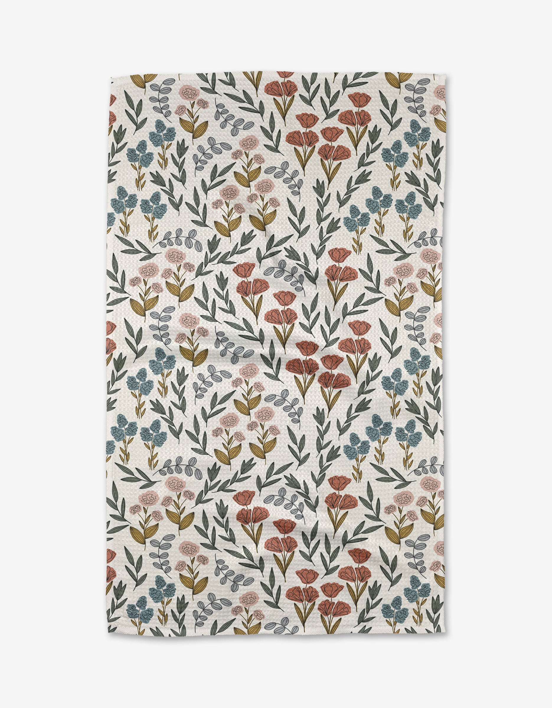 The Charolette Multi by Charlie Rowan Designs is a white ultra-absorbent Geoweave cloth with a repeating pattern of red, blue, and pink flowers plus green and yellow leaves.