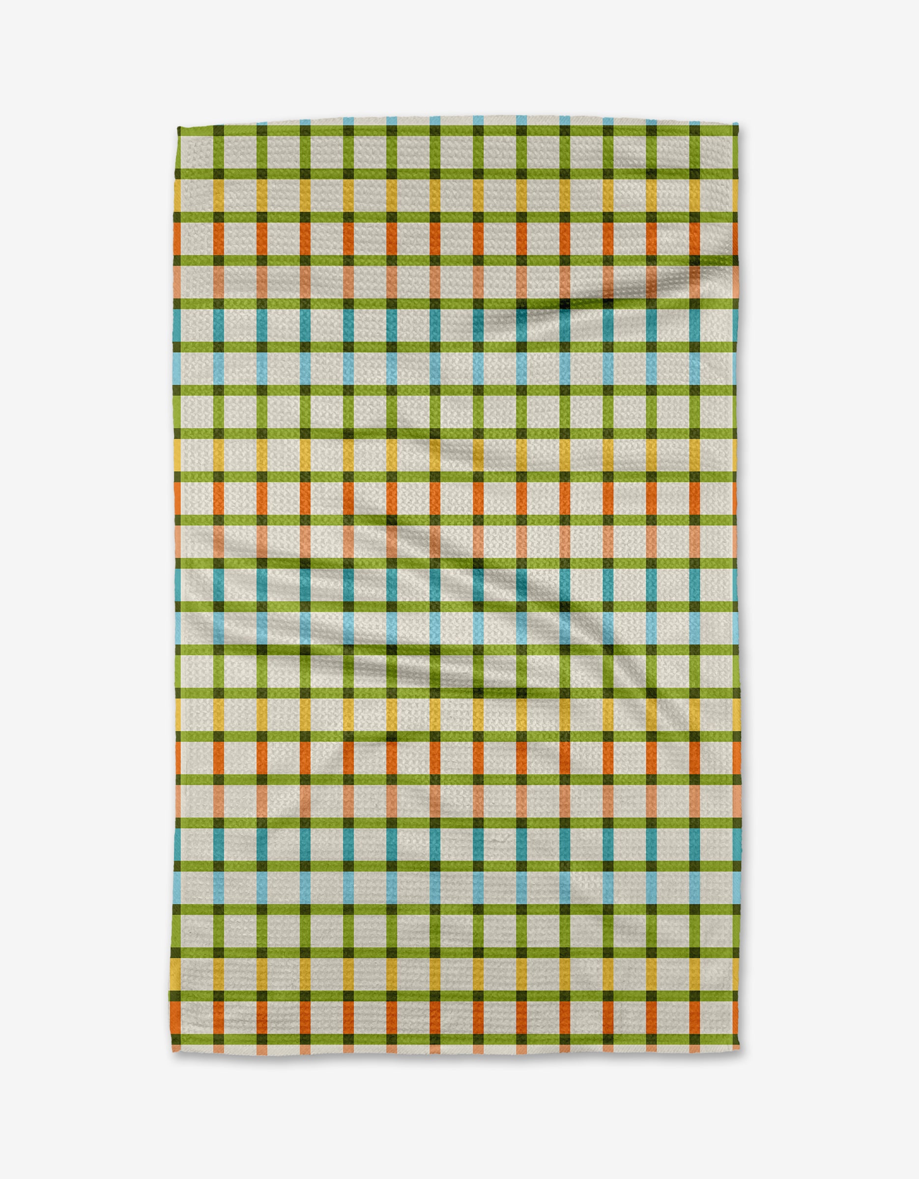 Checkered Past by Mindfulnice is a white kitchen tea towel with green, orange, and blue checkered stripes. Made from recycled materials, this ultra-absorbent towel is shown flat with some creases.