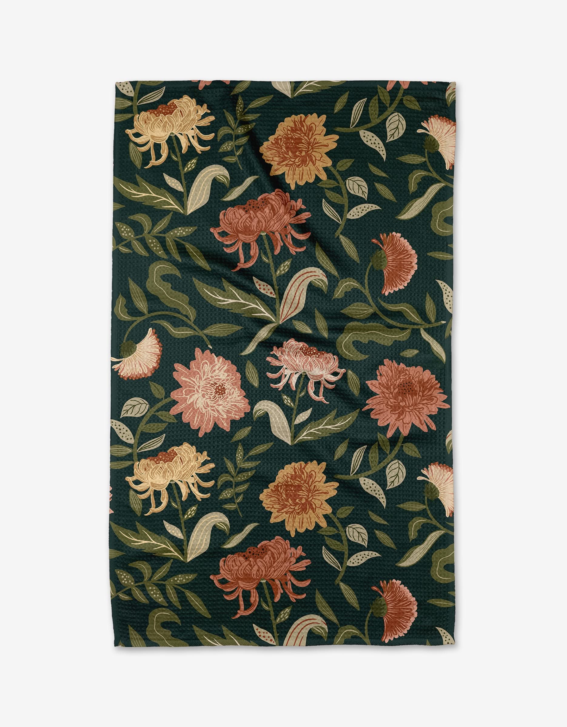 Chrysanthemums In November by Danelys Sidron features dark green Geoweave™ fabric adorned with pink, red, and orange chrysanthemum flowers—perfect for a Geometry House Tea Towel.