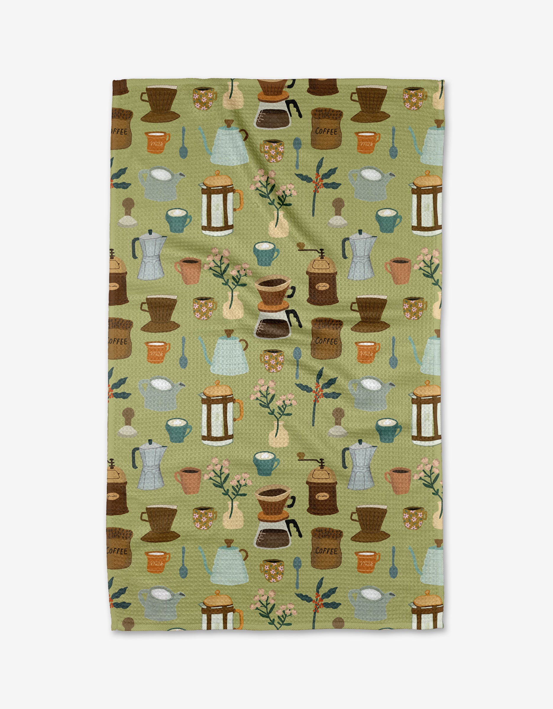 The Coffee Lover kitchen towel by Cottonflower Studio is crafted from ultra-absorbent Geoweave fabric and showcases a green design with coffee makers, mugs, teapots, spoons, plants, and sugar cubes in earthy tones.