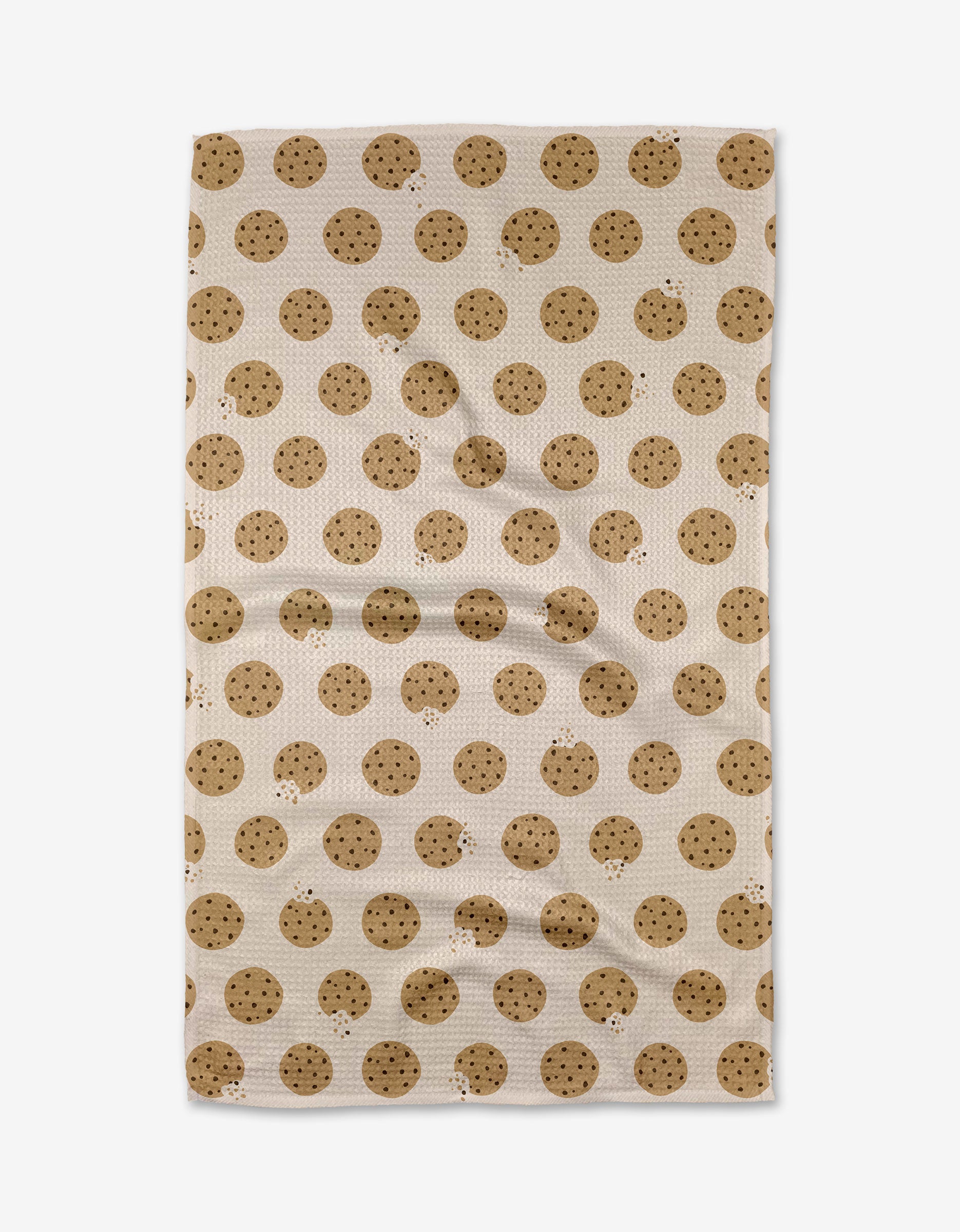 The Purely Kaylie Cookie Crumble tea towel, crafted from Geoweave fabric, showcases an all-over chocolate chip cookie pattern and is displayed flat.