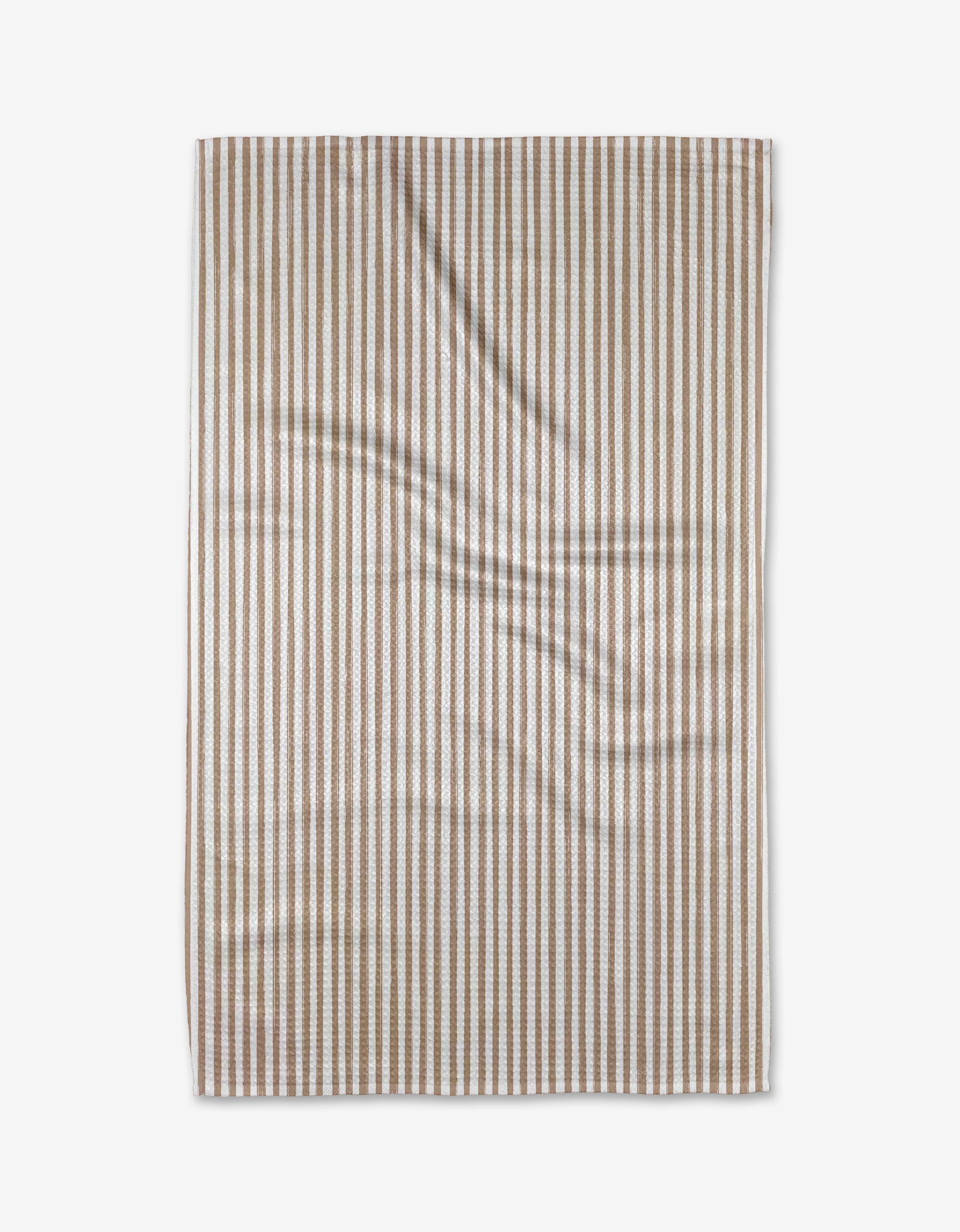 A beige and white vertically striped Kailee Wright Cookie Tea Towel, made from ultra-absorbent Geoweave™ fabric, is laid flat and shows natural folds and creases.