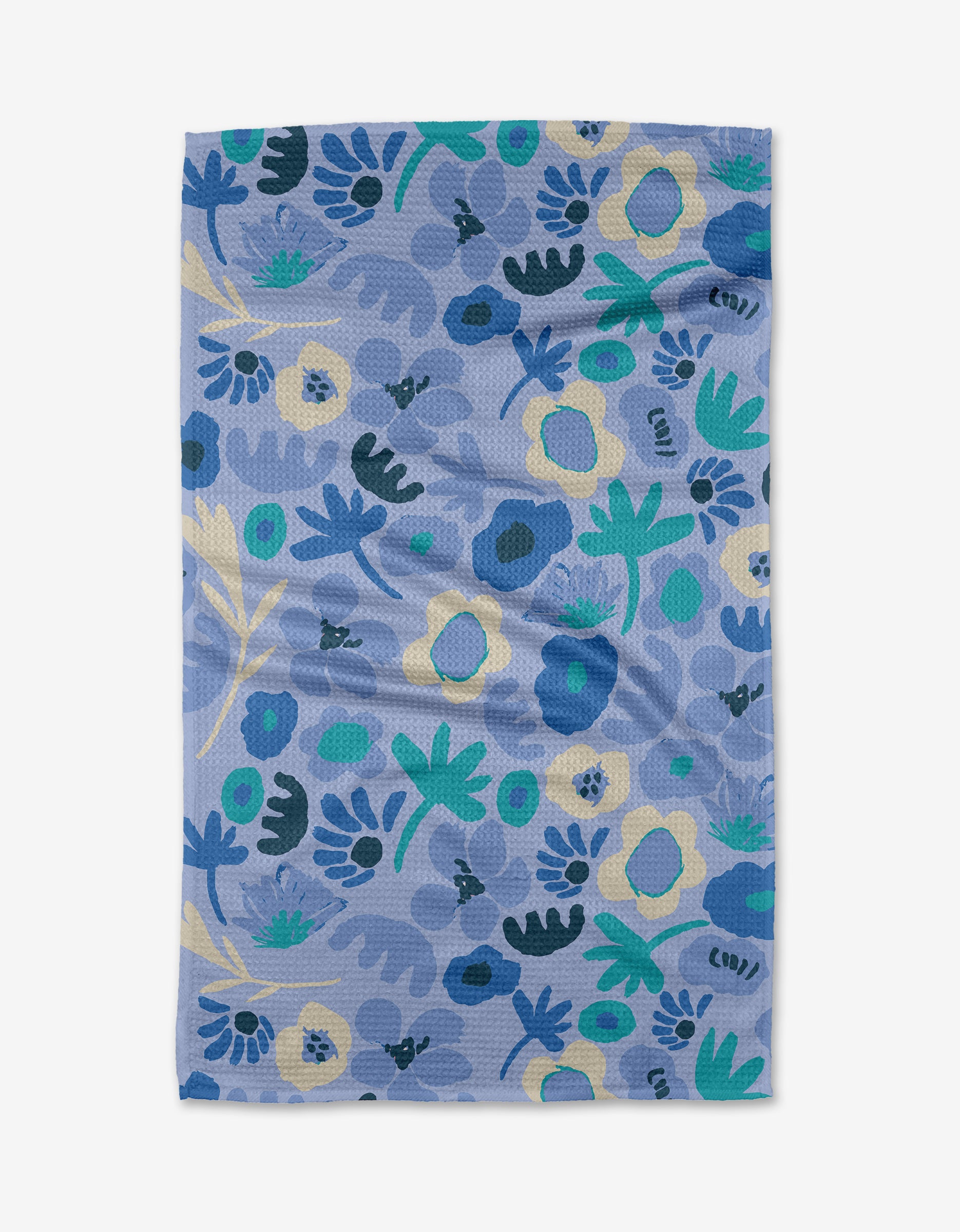 The Sareka Unique Cool Blooms Tea Towel is rectangular and blue, featuring abstract leaves and flowers in blue, green, and yellow on Geoweave™ fabric, shown flat against a white background.