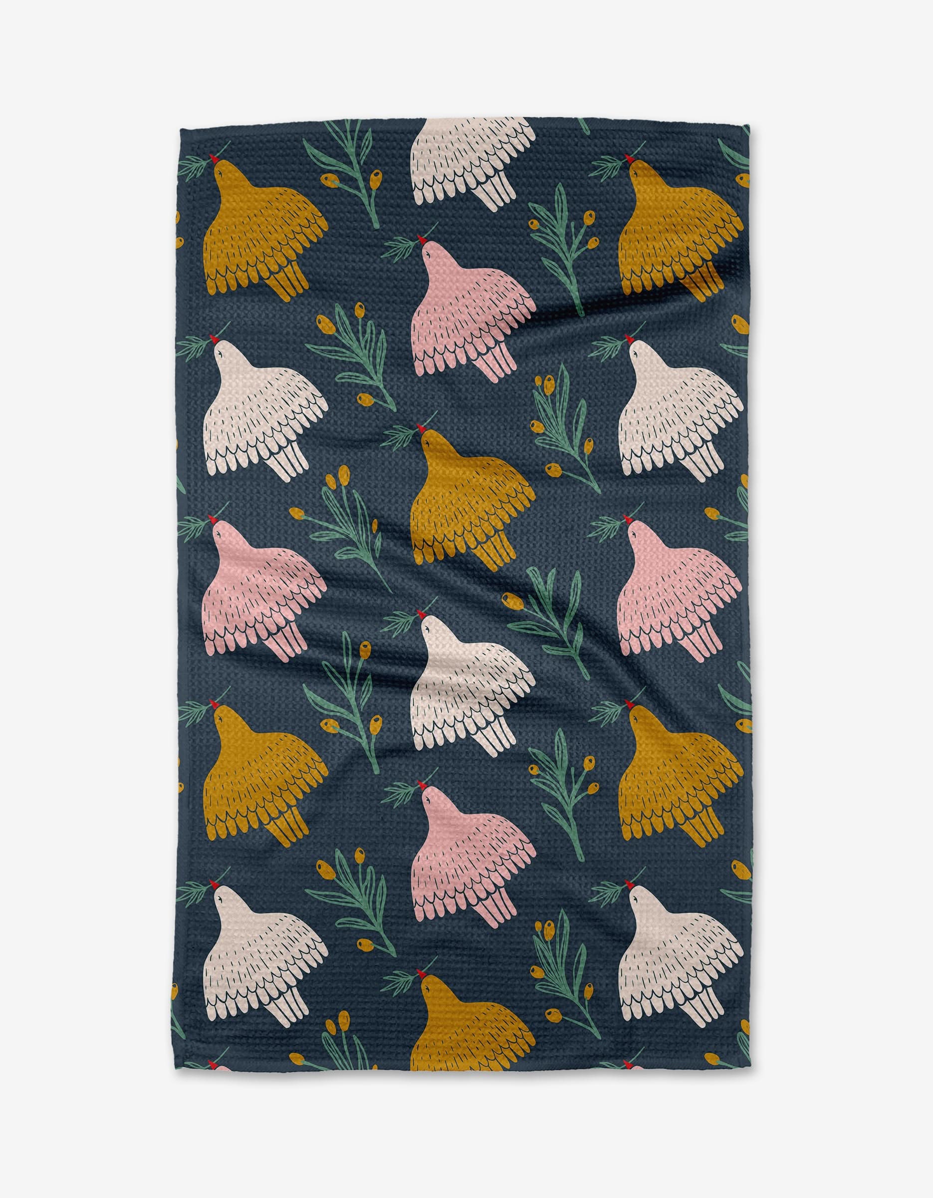 The Doves tea towel by Elisabeth Wing is dark blue with a textured finish, featuring pink, white, and yellow birds, green leaves, and yellow dots. Made from recycled materials for an eco-friendly touch.