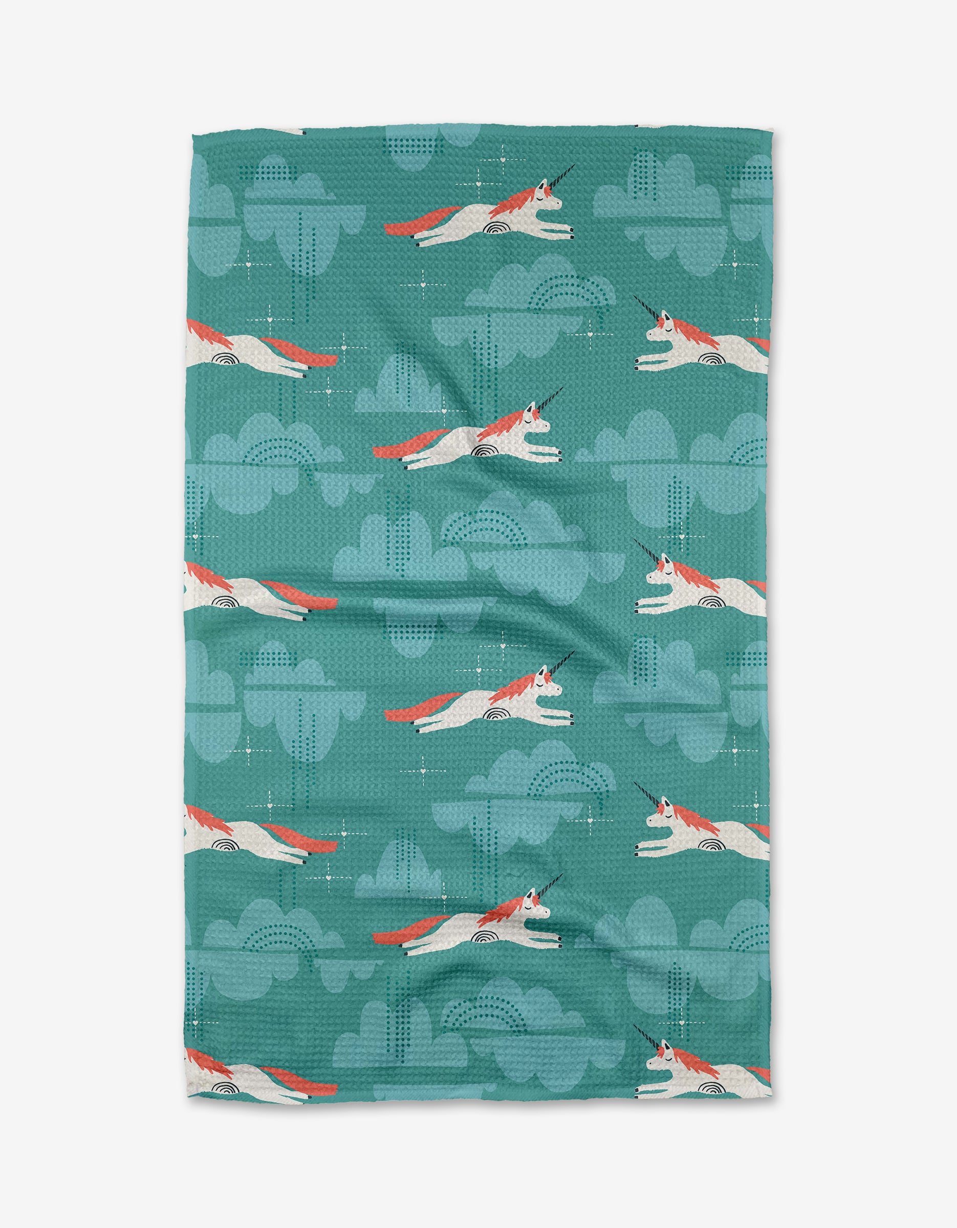 The Dream the Best tea towel by Jessica Swift features leaping white and orange foxes among light blue clouds on textured Geoweave fabric.
