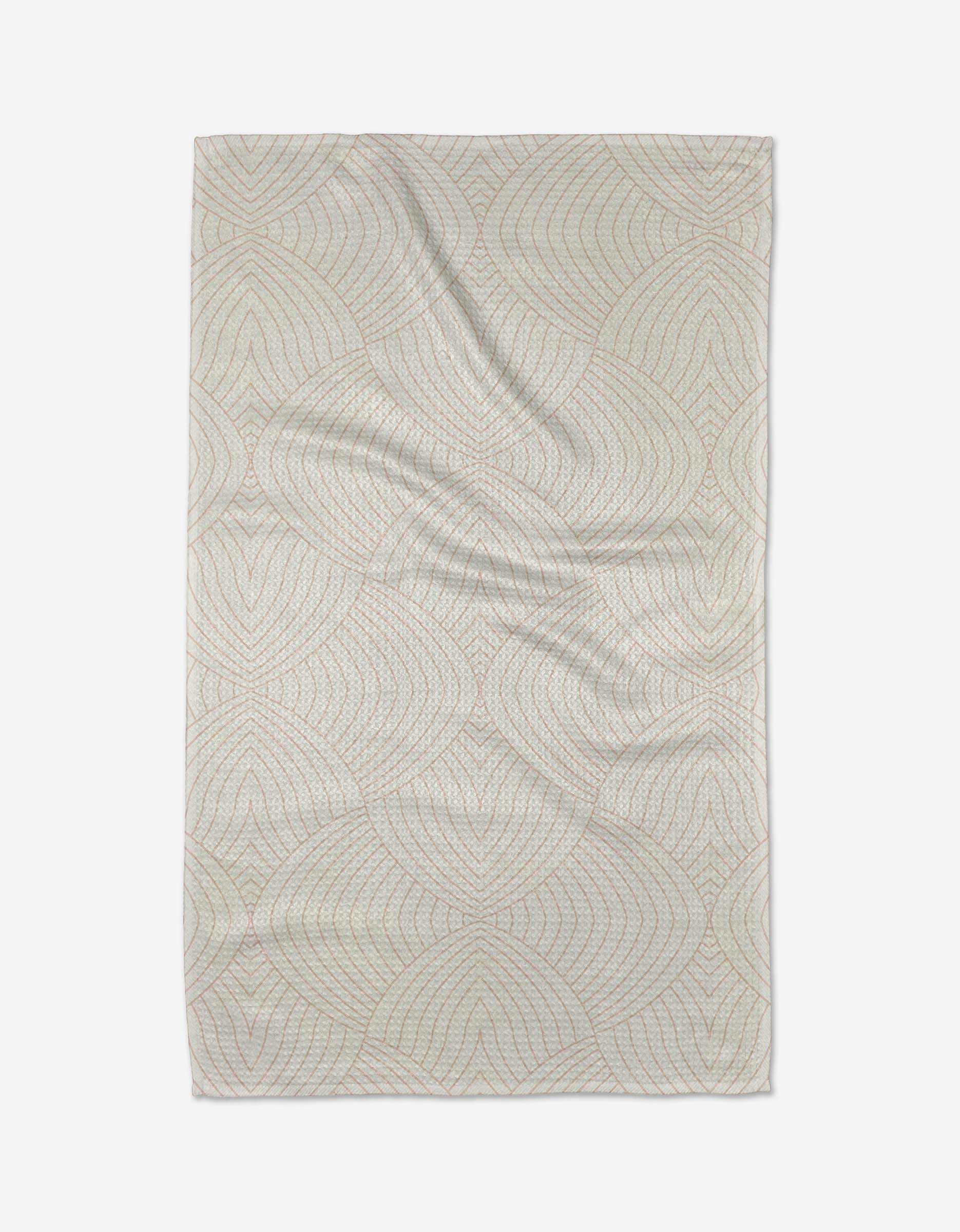 The Eileen tea towel by Amy MacCready features light-colored Geoweave fabric with a subtle repeating geometric pattern of curved lines, shown laid flat with faint wrinkles against a white background.