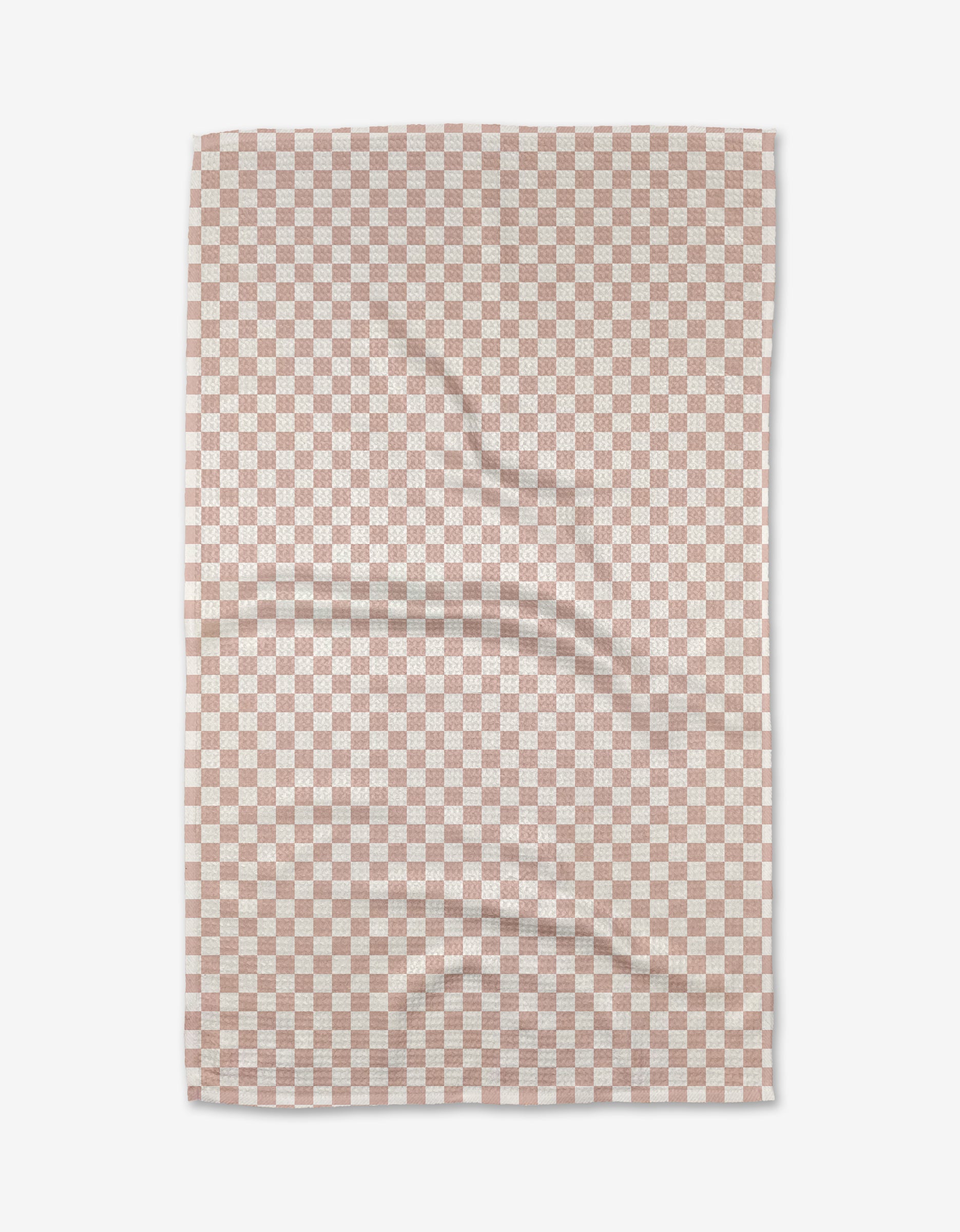 Ella by Charlie Rowan Designs is a rectangular tea towel featuring a red and white checkered pattern, laid flat with slight wrinkles on its Geoweave™ fabric surface.