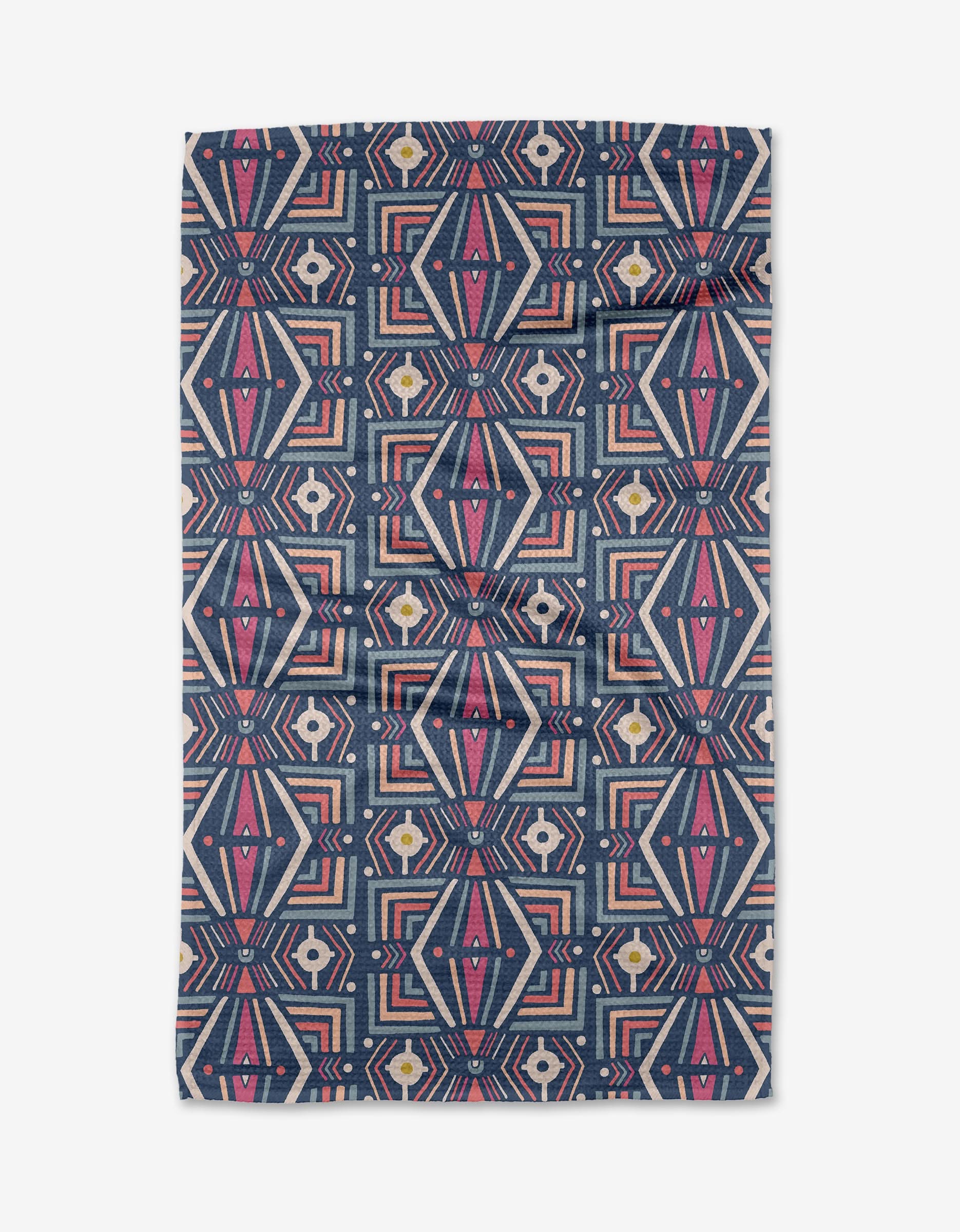 The Energetics rug by Jessica Swift showcases a bold, intricate geometric design in blue, pink, and white with yellow diamond accents, crafted from post-consumer recycled materials.