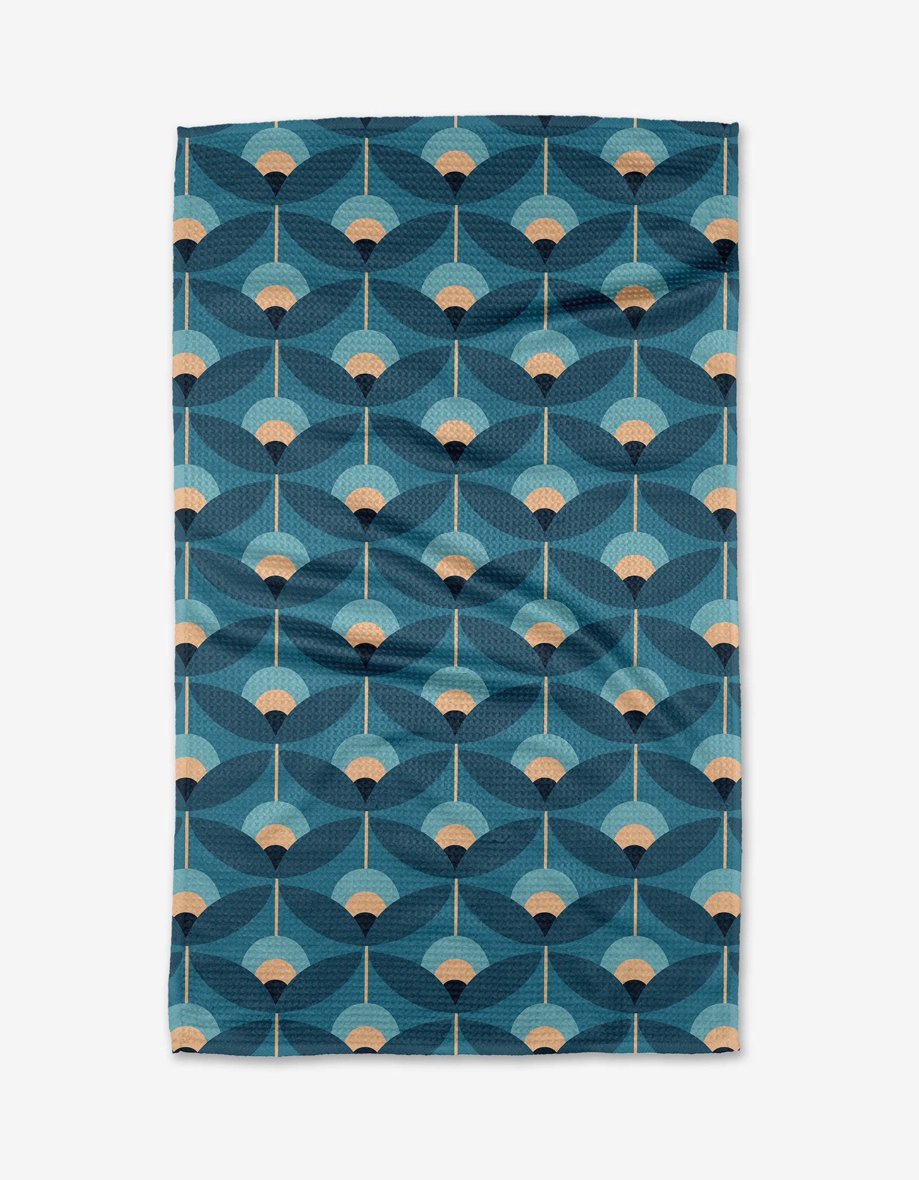The Blissful Flamingo Fall Florals blanket, made from recycled materials, features a geometric pattern with fan-like shapes in blue, teal, and beige for a symmetrical, art deco-inspired look.