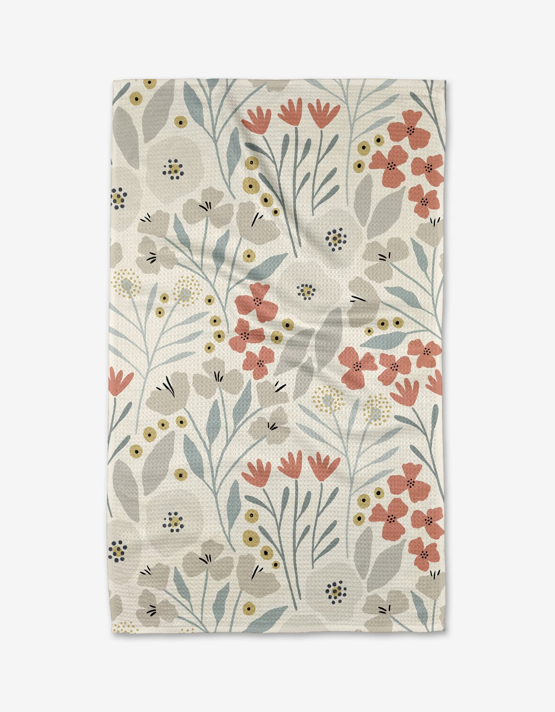 The Fiona Cream Tea Towel by Amy MacCready is made from Geoweave™ fabric and showcases pink, red, yellow, and blue flowers with green leaves on a white background for a charming kitchen accent.
