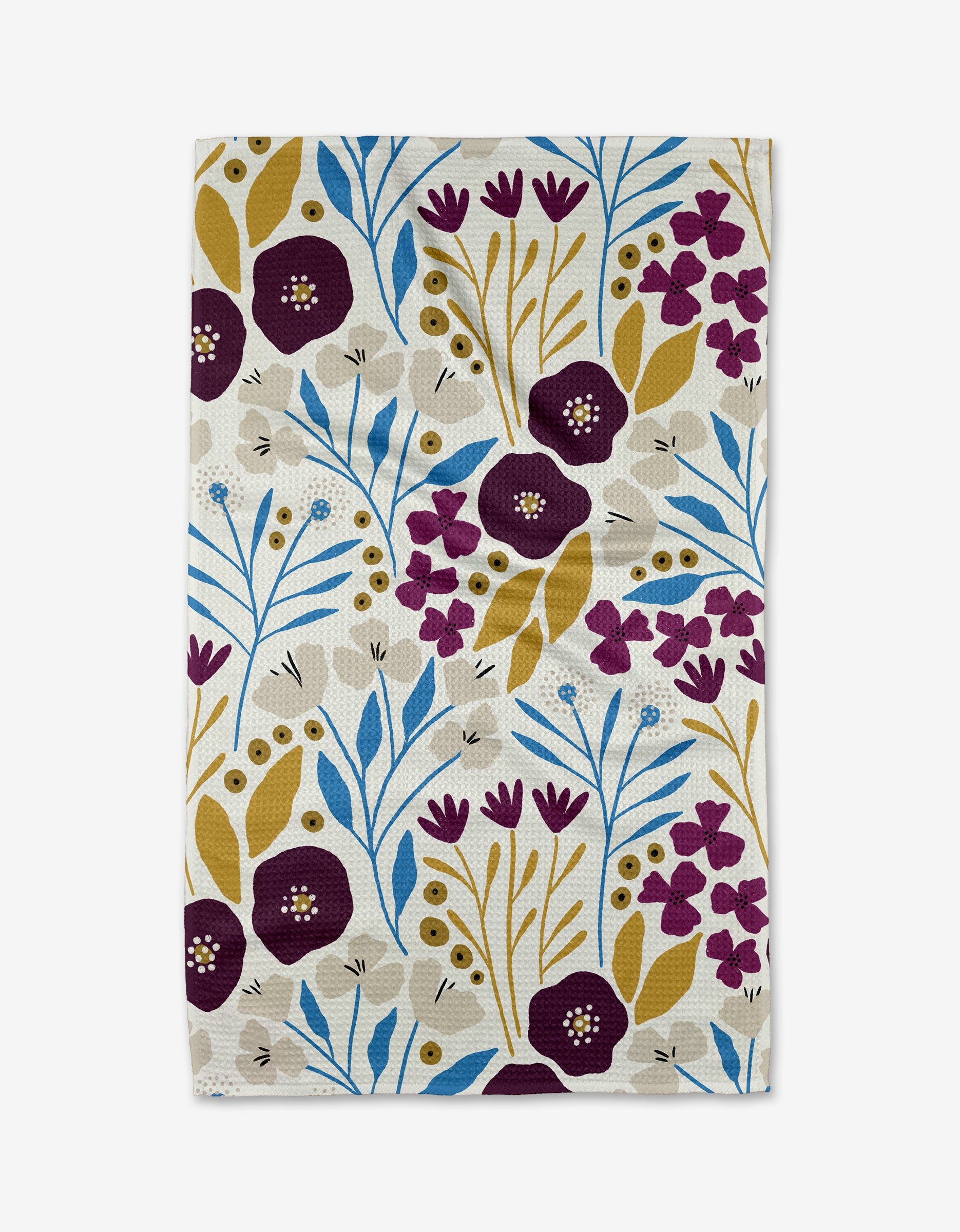 The Fiona Dark Maroon Tea Towel by Amy MacCready features a vibrant, abstract floral pattern in dark maroon tones with dotted accents on textured Geoweave™ fabric.