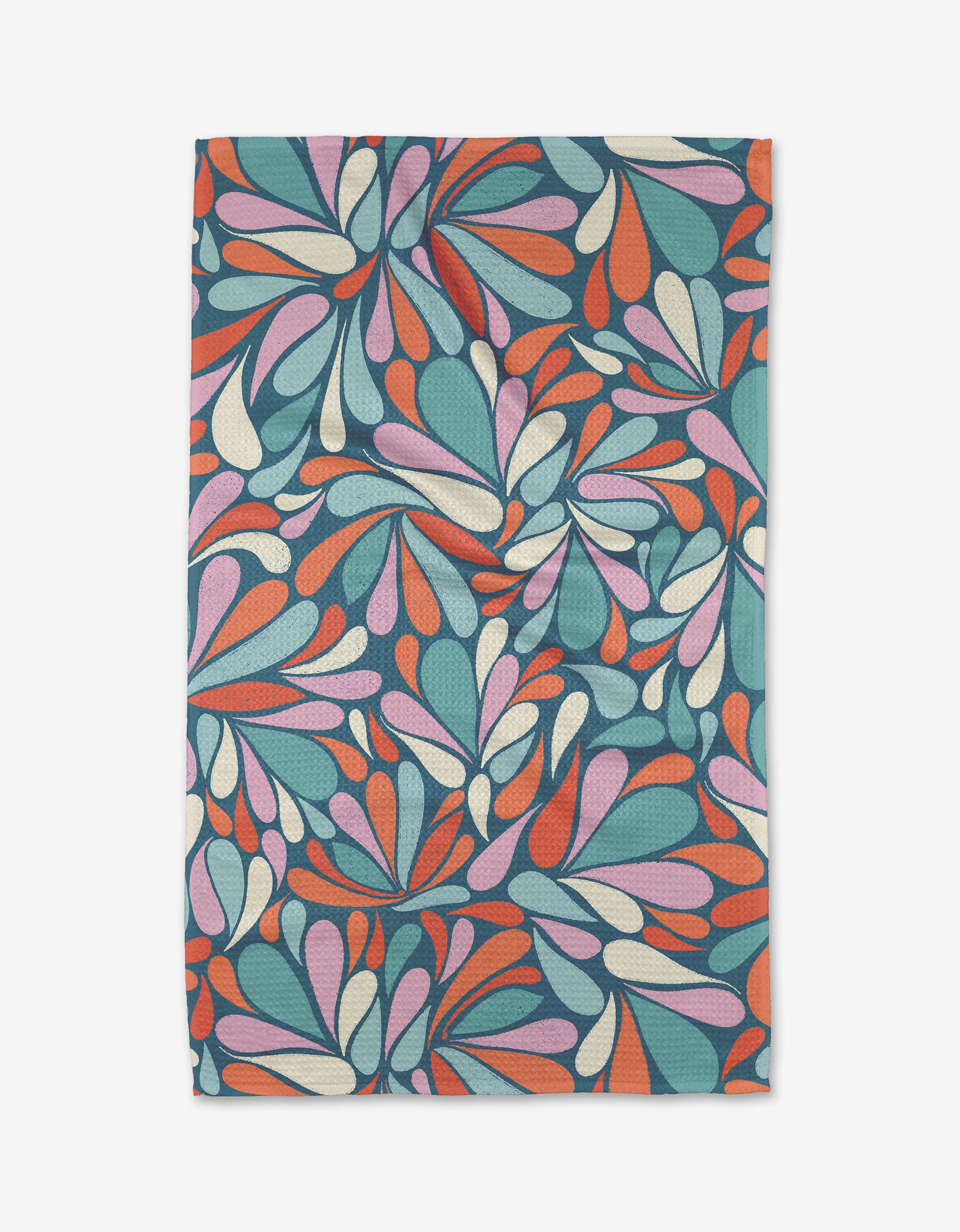 First Flight by Rebecca Woolbright is a rectangular cloth with colorful teardrop patterns in blue, red, pink, purple, and cream on teal, made from ultra-absorbent Geoweave™ fabric.