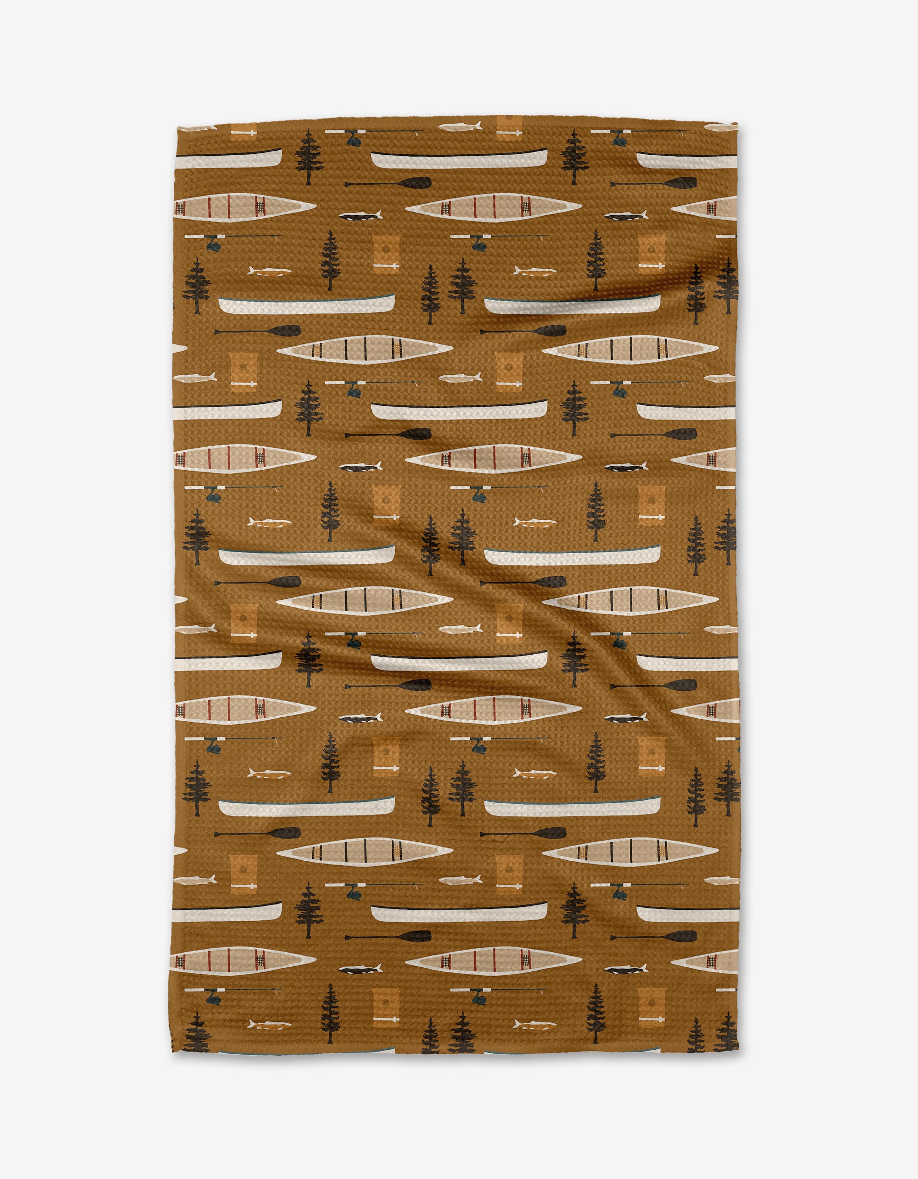 The Coit Creative Fishing On the Lake towel is made from ultra-absorbent Geoweave fabric and features a rustic, outdoorsy pattern with canoes, pine trees, and fish in earthy brown tones.