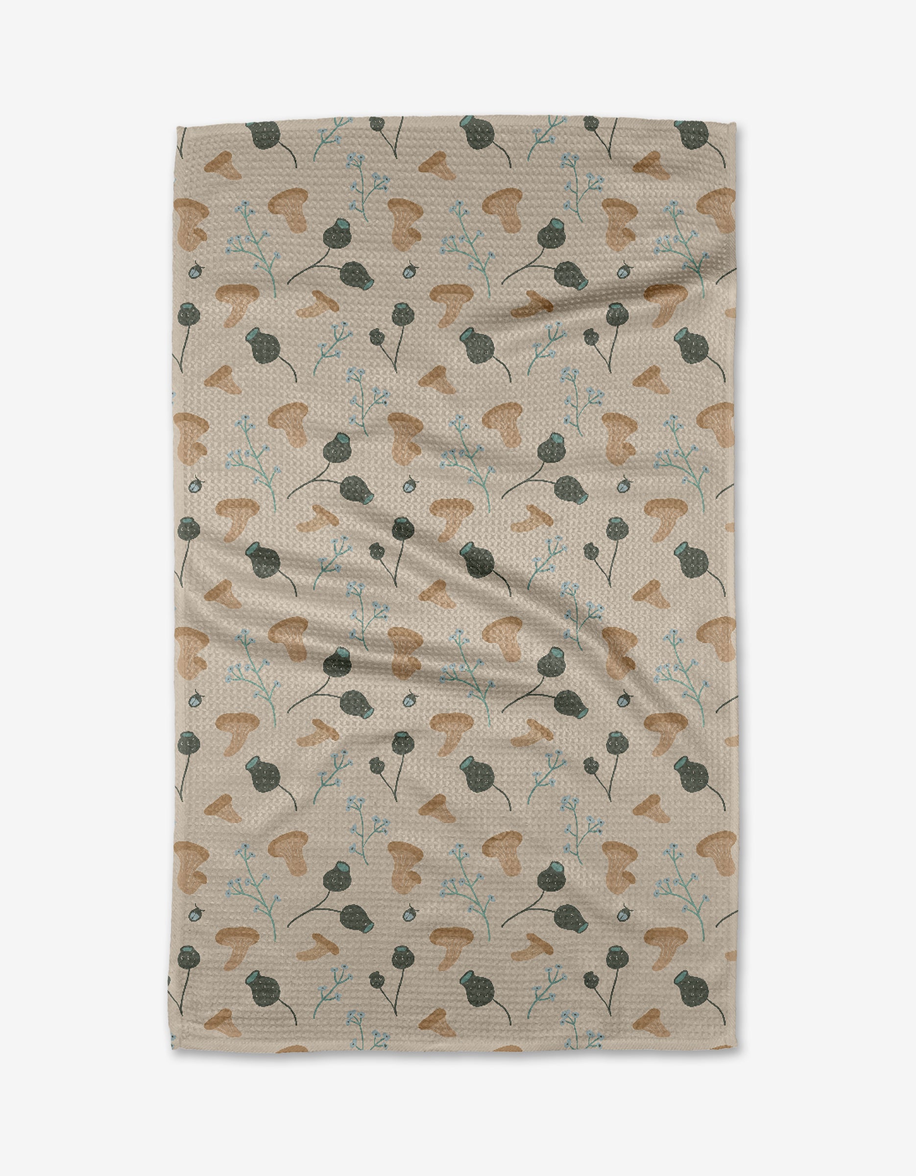 The Forage tea towel by Amberleigh Adoff features a beige textured surface adorned with abstract brown, green, and blue botanical shapes, inspired by leaves and stems, arranged evenly across the fabric.