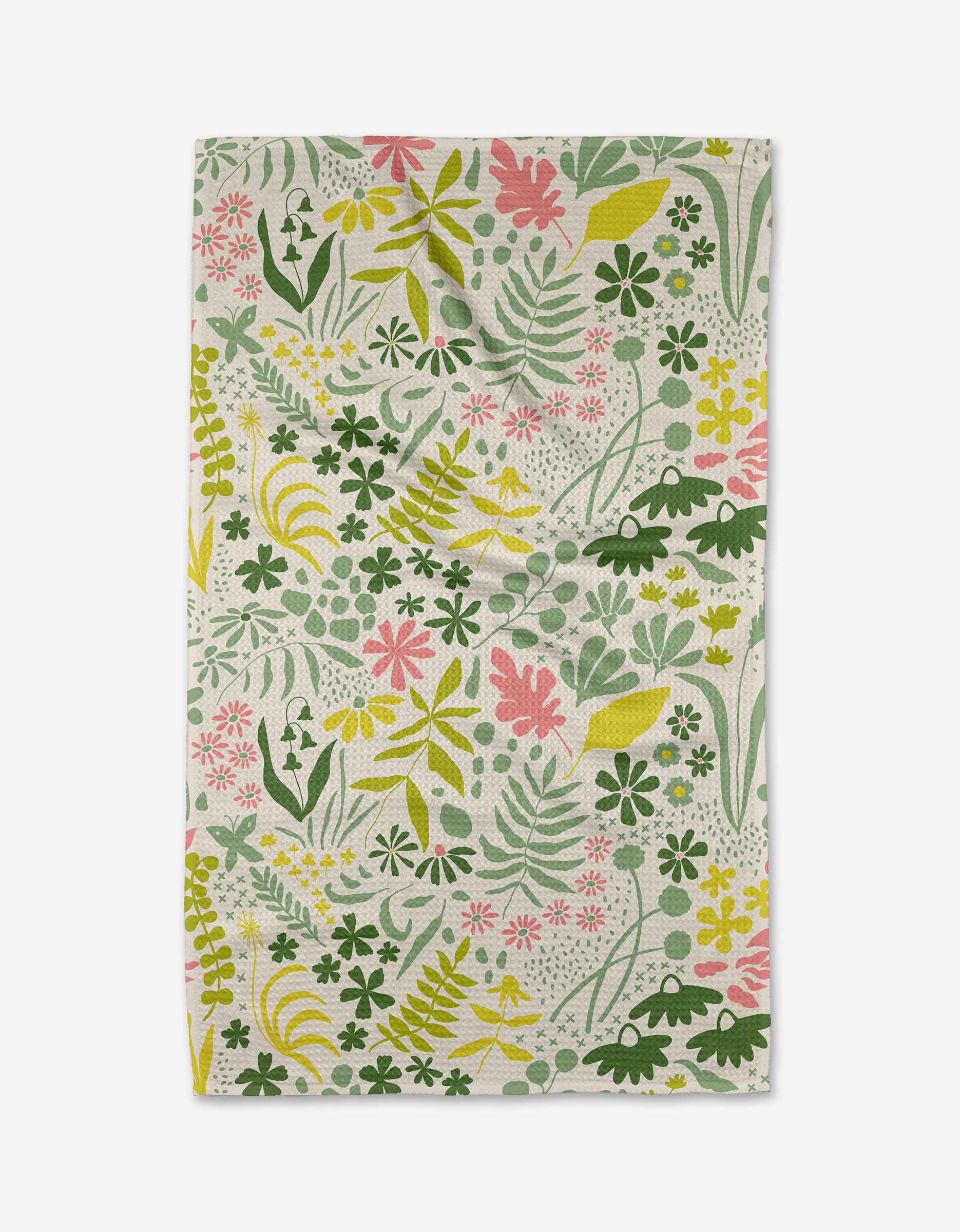 The Kayla Ann Forager is a rectangular cloth made from ultra-absorbent Geoweave fabric, featuring an eco-friendly botanical pattern with green leaves, yellow flowers, and pink blossoms on a light background.