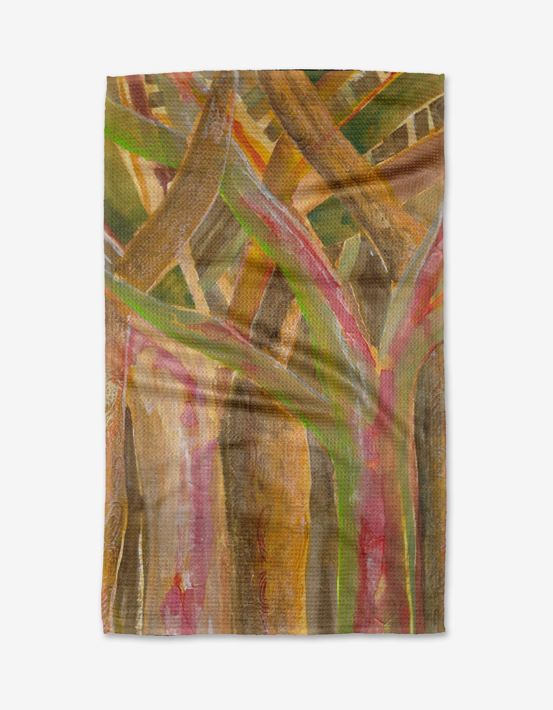 Forest of Trees by Taryn Brennan is an abstract painting with overlapping tree trunks and branches in earthy tones on a textured background, evoking forest patterns similar to those on eco-friendly Geometry Tea Towels.