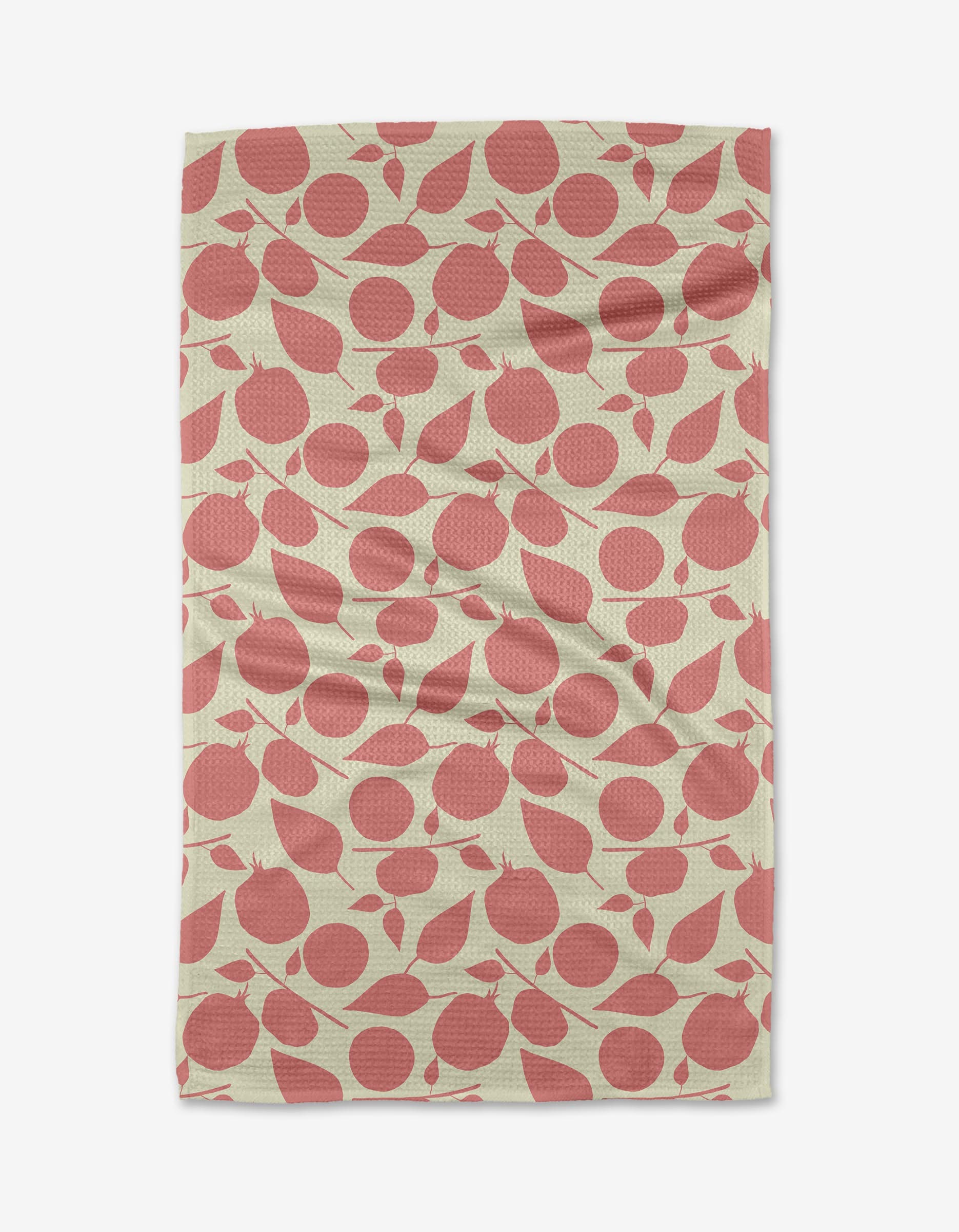 The Fruity Toss tea towel by Lizzie Clark features a beige background with pink circles and leaves in a fruit-inspired pattern. Made from Geoweave™ fabric, it shows a slight wrinkle and lies flat on a white surface.