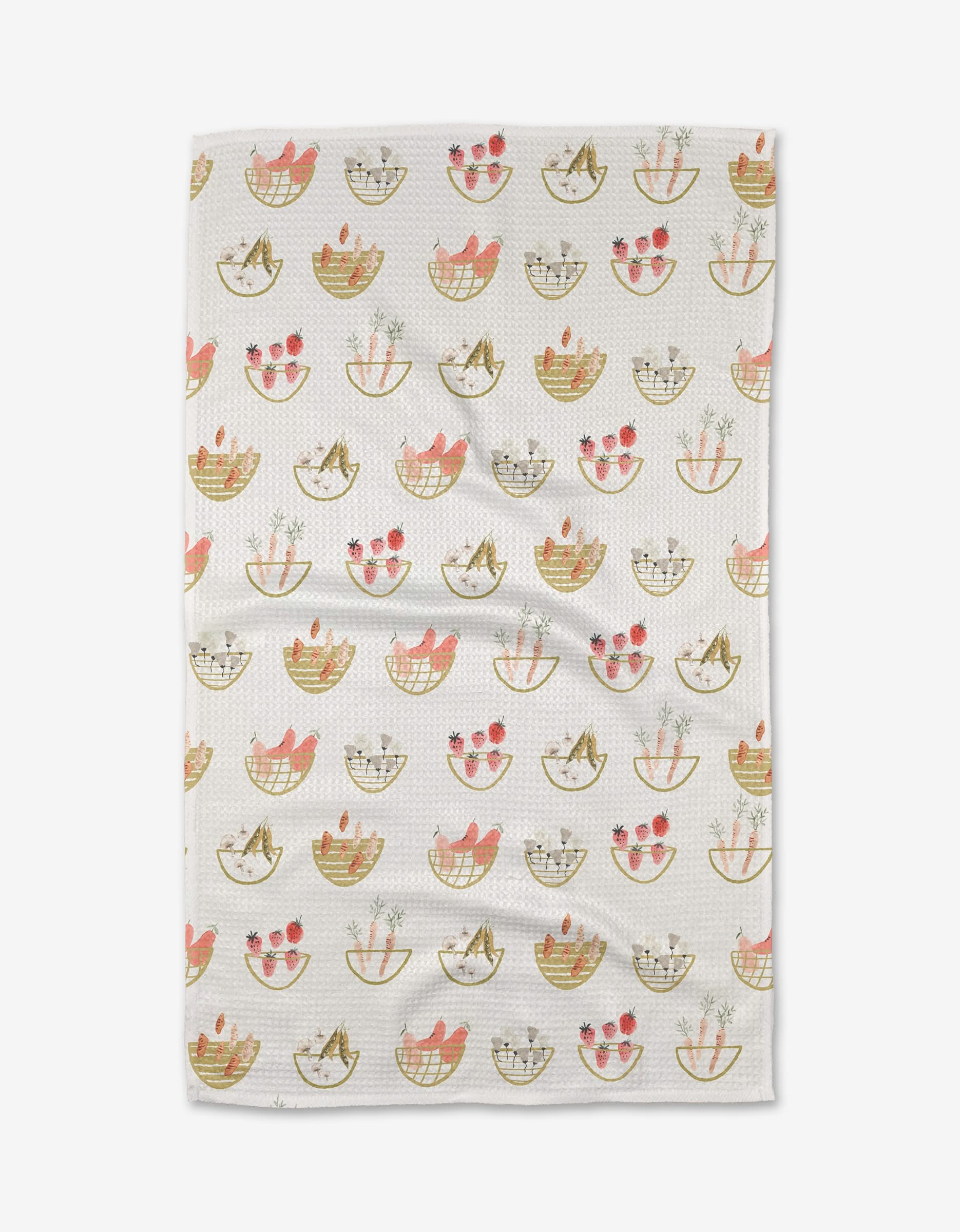 The Garden Fresh Tea Towel by Anee Shah features a charming pattern of baskets with cats and pink flowers in soft pink, tan, and green on a subtle grid. Made from Geoweave™ fabric for exceptional softness.