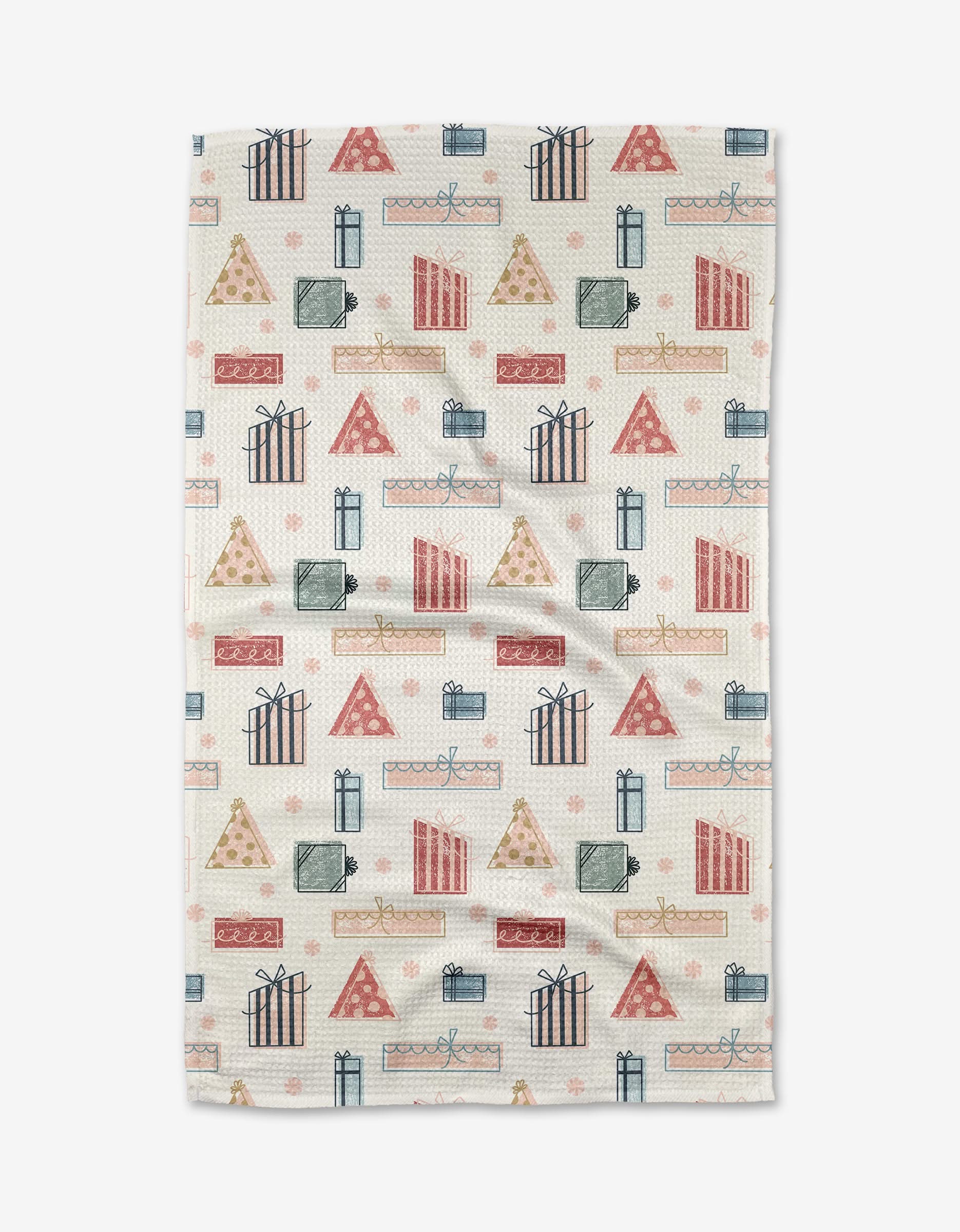 The Gifts for You and Me tea towel by Charlie Rowan Designs is made with Geoweave fabric and features a repeating pattern of gift boxes and triangles in muted red, blue, and beige, each with unique ribbons and designs.