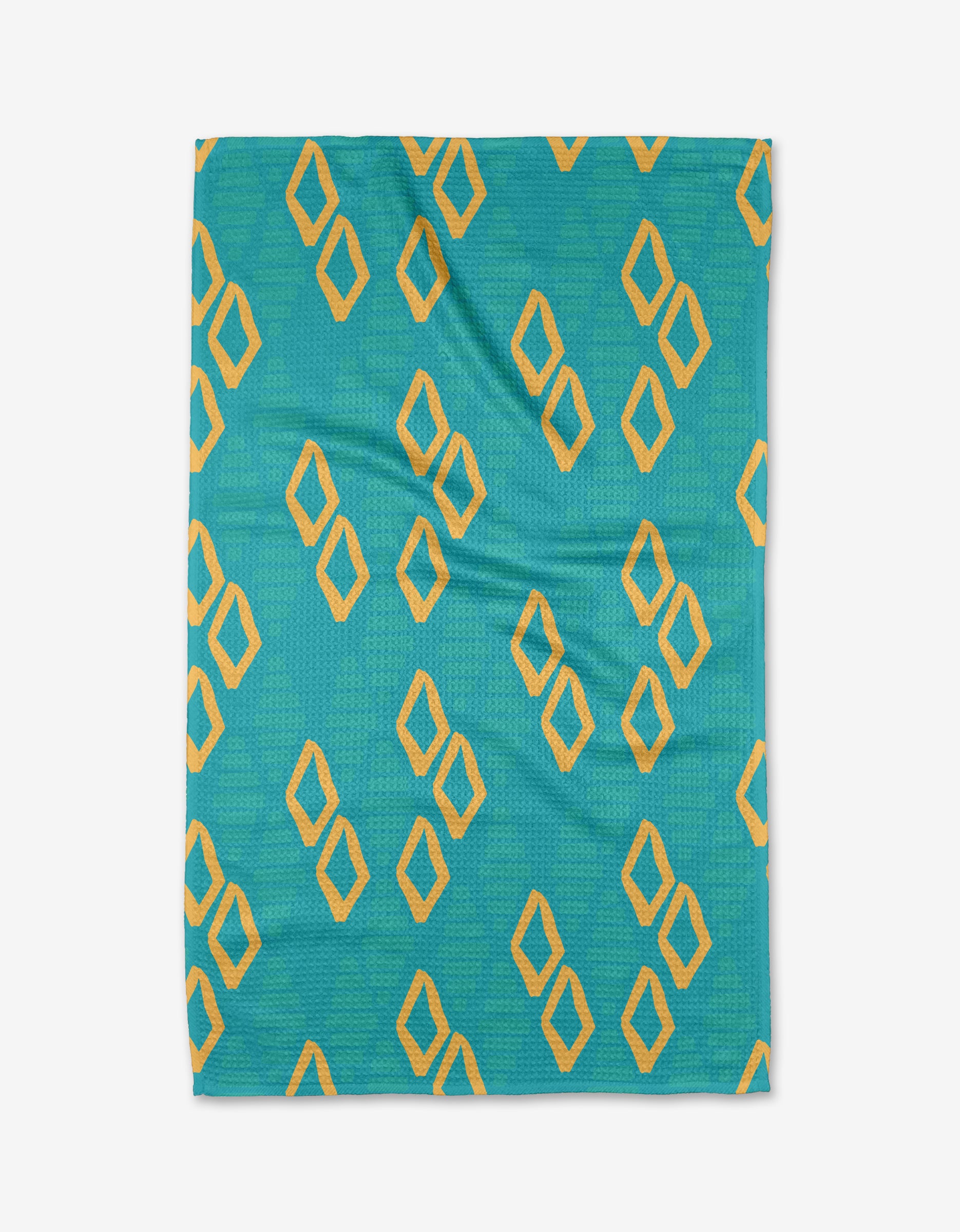The Girls Best Friend Tea Towel by Sareka Unique features ultra-absorbent Geoweave fabric in teal, with yellow diamond-shaped geometric outlines diagonally arranged across the surface.