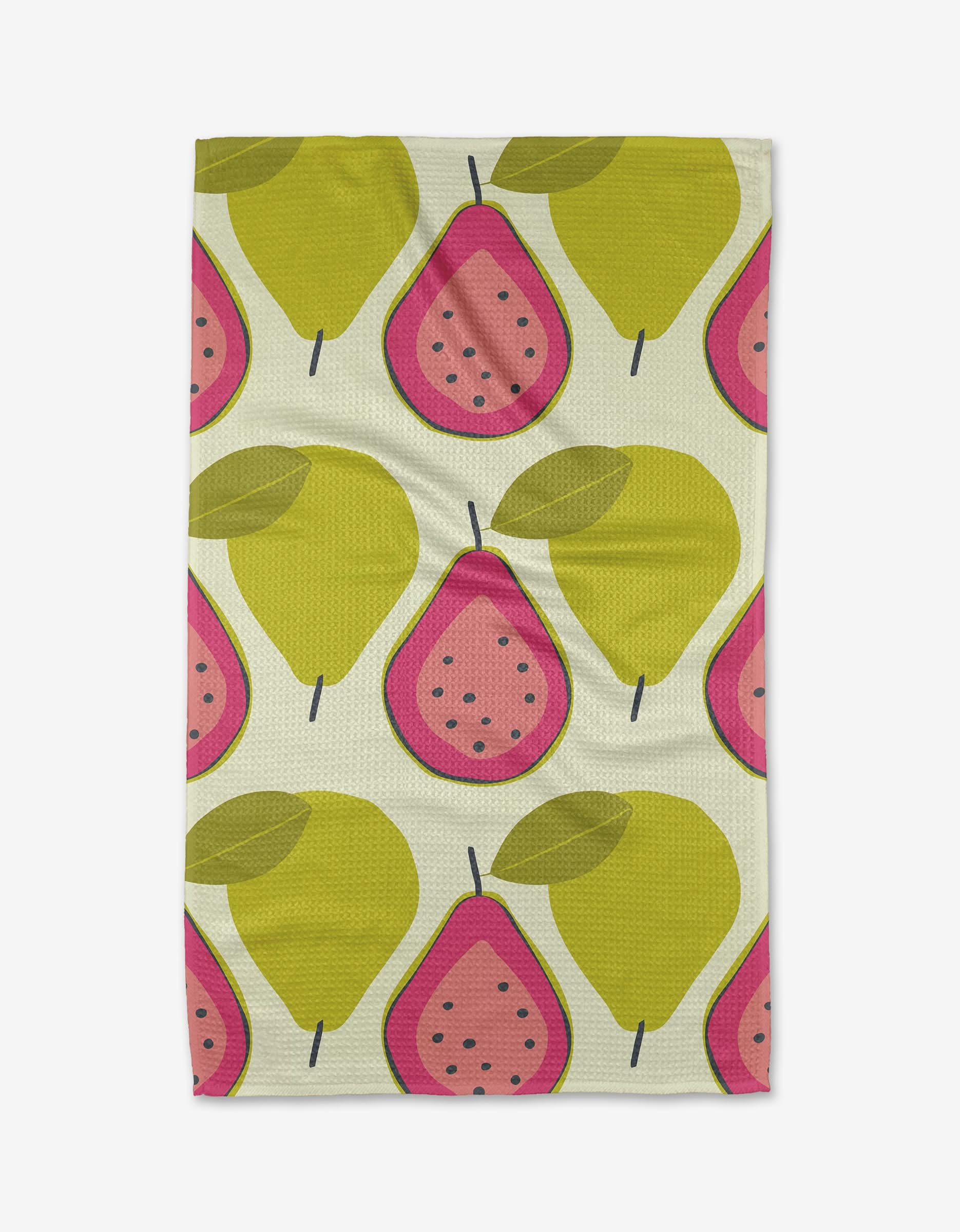 Guava Groove by Lizzie Clark: a tea towel with a repeating pattern of yellow pears and pink guava halves on a light, textured background, crafted from soft Geoweave fabric.