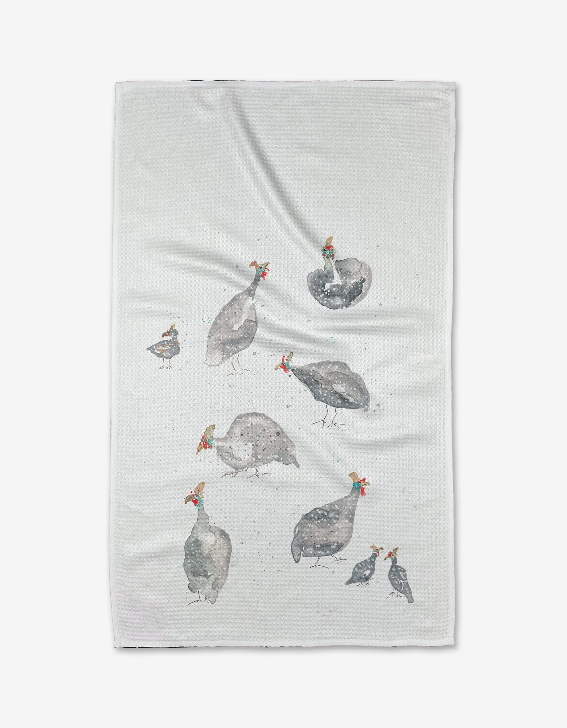 The Guinea Fowls tea towel by Taryn Brennan features watercolor-style guinea fowl adults and chicks on white, made from soft, absorbent geoweave fabric for durability.