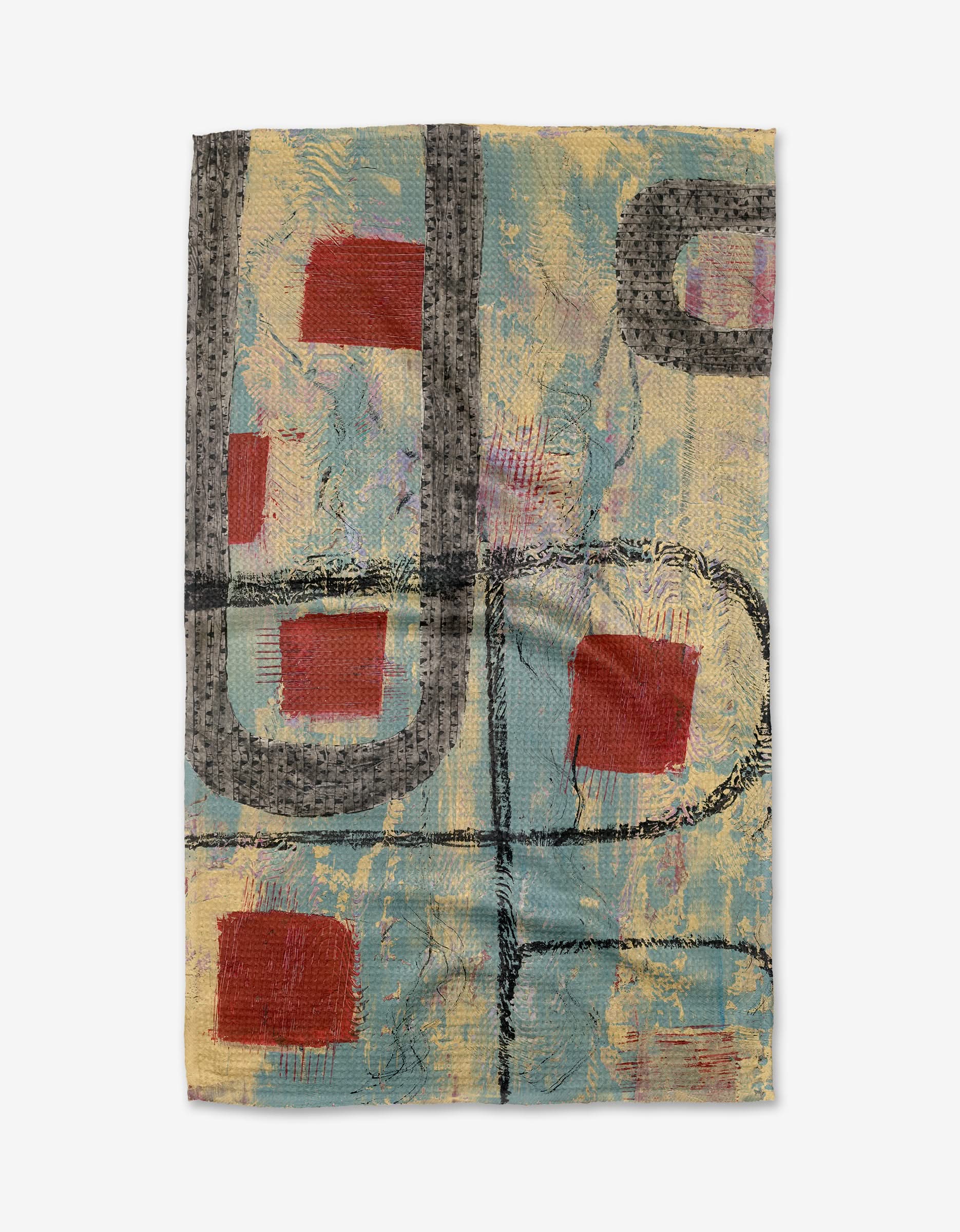 Hopscotch by Katherine Berkeley is a textile artwork crafted from recycled materials, featuring red rectangles on a textured blue, yellow, and beige background with thick black and gray lines curving throughout.