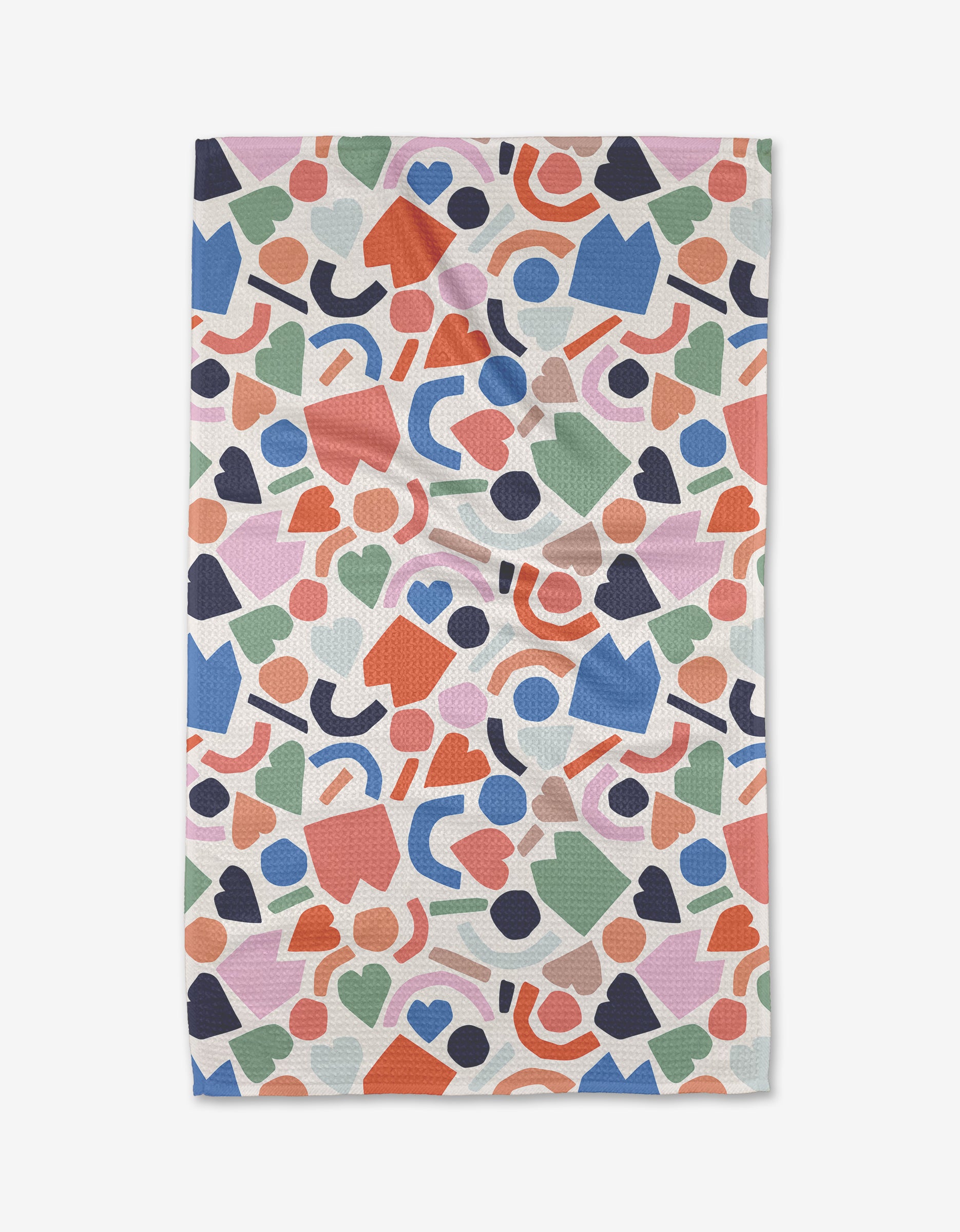 House Party by Claire Iglesias is a colorful tea towel with playful hearts, circles, and arches on white—crafted from Geoweave™ fabric for top absorbency and made with post-consumer recycled materials.