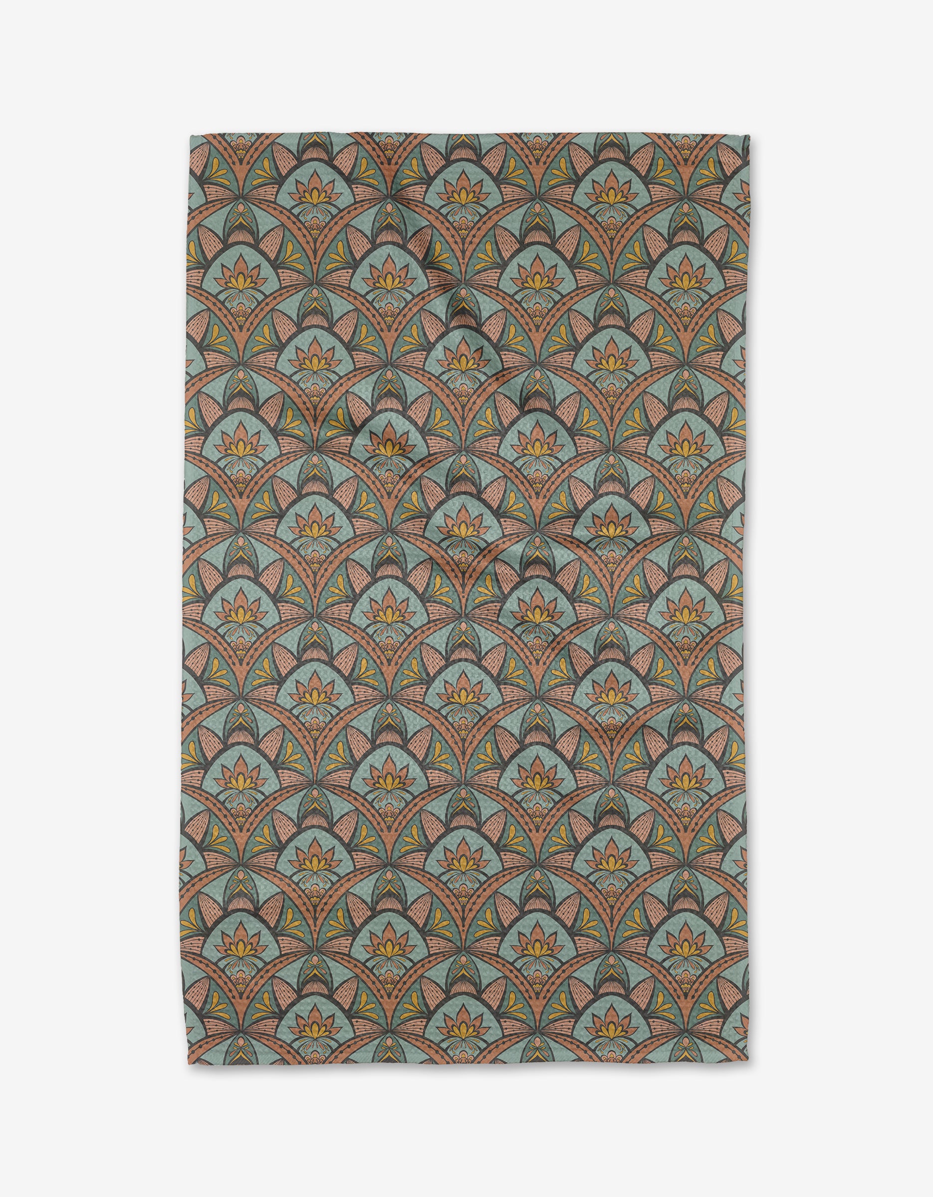 The Jungle Sunrise tea towel by Amita Nair features a repeating pattern of fan-shaped arches in muted teal, coral, and gold with stylized floral motifs inside each arch, laid flat on a white background.