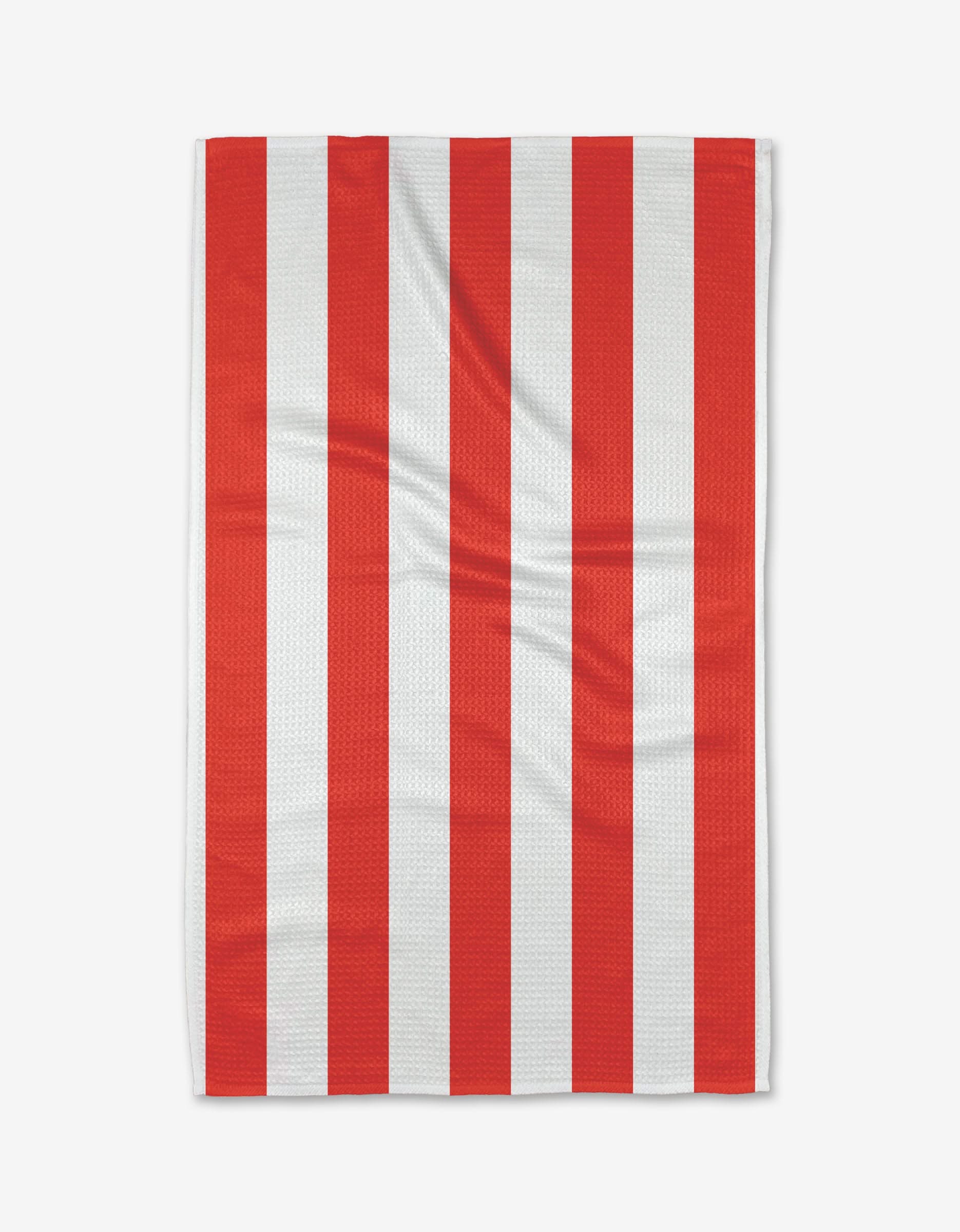 The Kailee Wright Kailees Candy Canes tea towel features vertical red and white stripes on a white background, ultra-absorbent textured fabric, and visible creases—perfect for everyday use.
