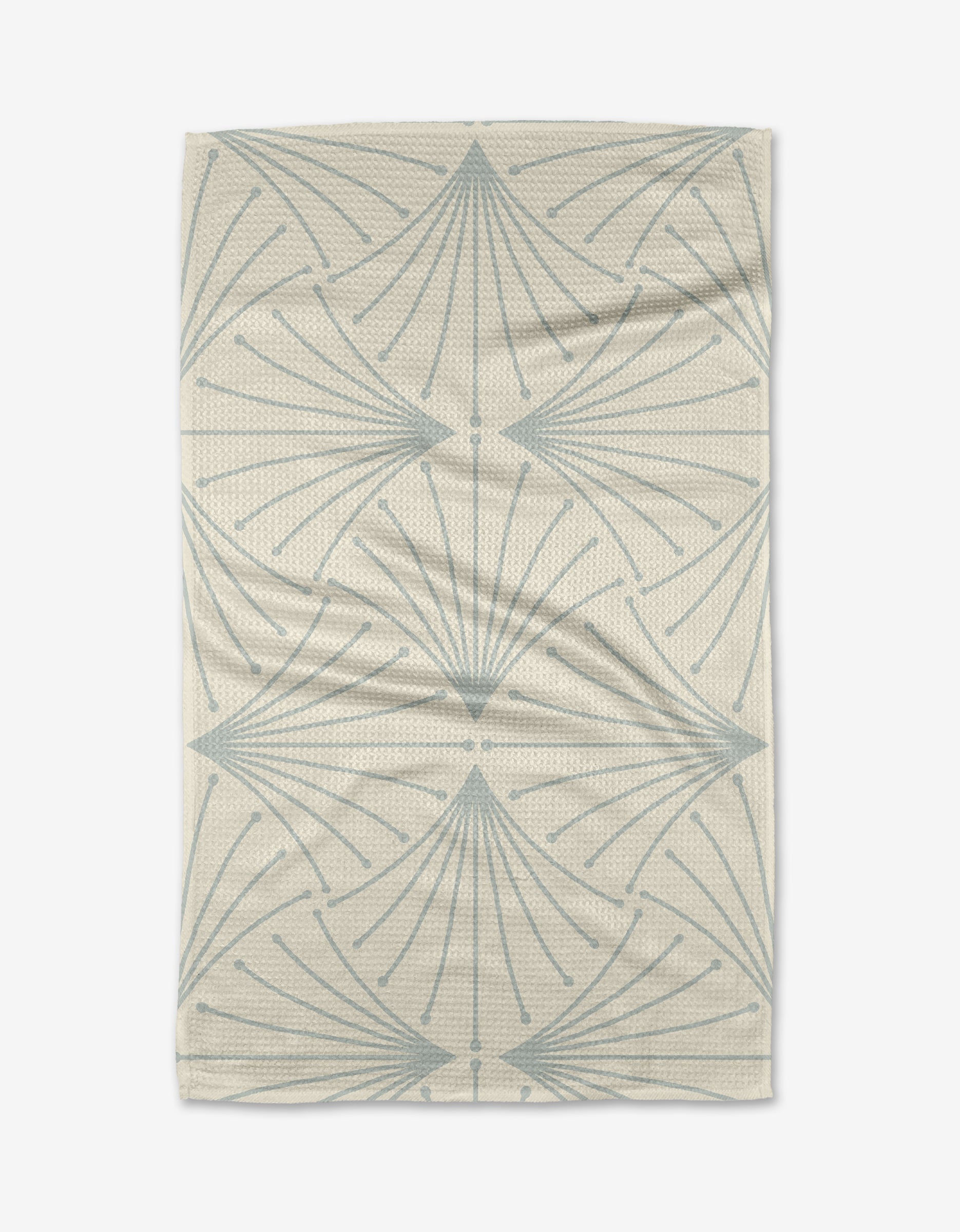 The Libby Cream tea towel by Amy MacCready features soft Geoweave™ fabric and a beige base with blue, fan-shaped, symmetrical abstract patterns across the surface.