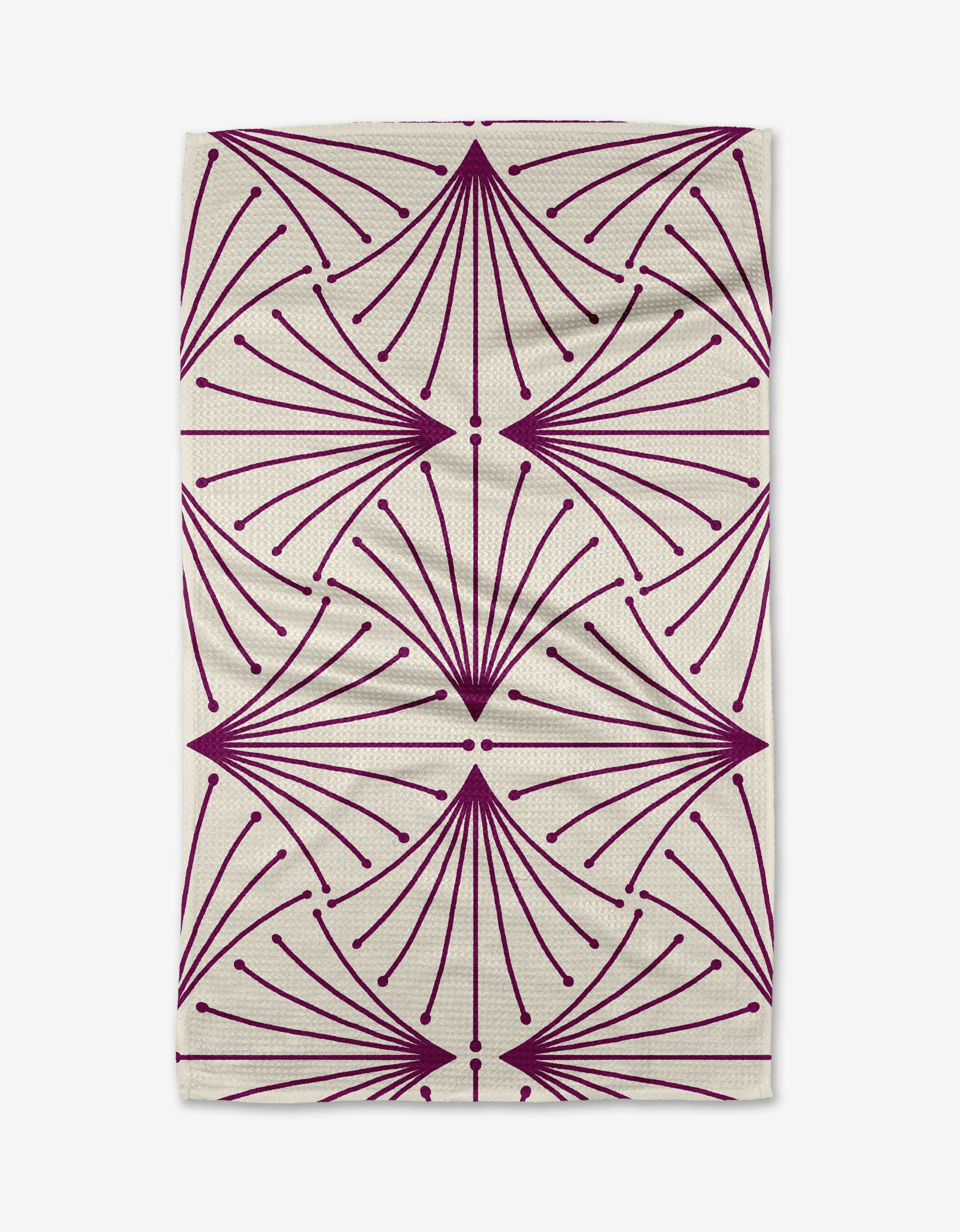 The Libby Dark Maroon by Amy MacCready is a cream blanket with a geometric pattern of purple fan-shaped lines and dots, symmetrically arranged, crafted from soft Geoweave™ fabric for enhanced texture and durability.
