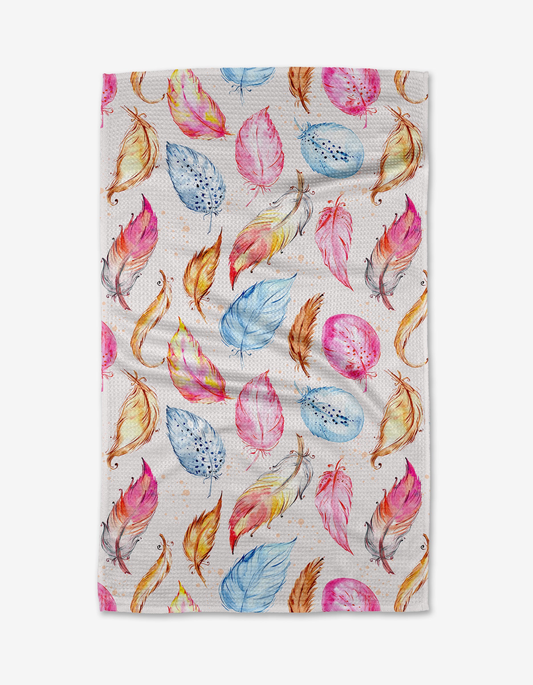 The Light as a Feather kitchen towel by Elena Fay is white, made from recycled materials, and features a random pattern of watercolor-style feathers in pink, blue, orange, and yellow.