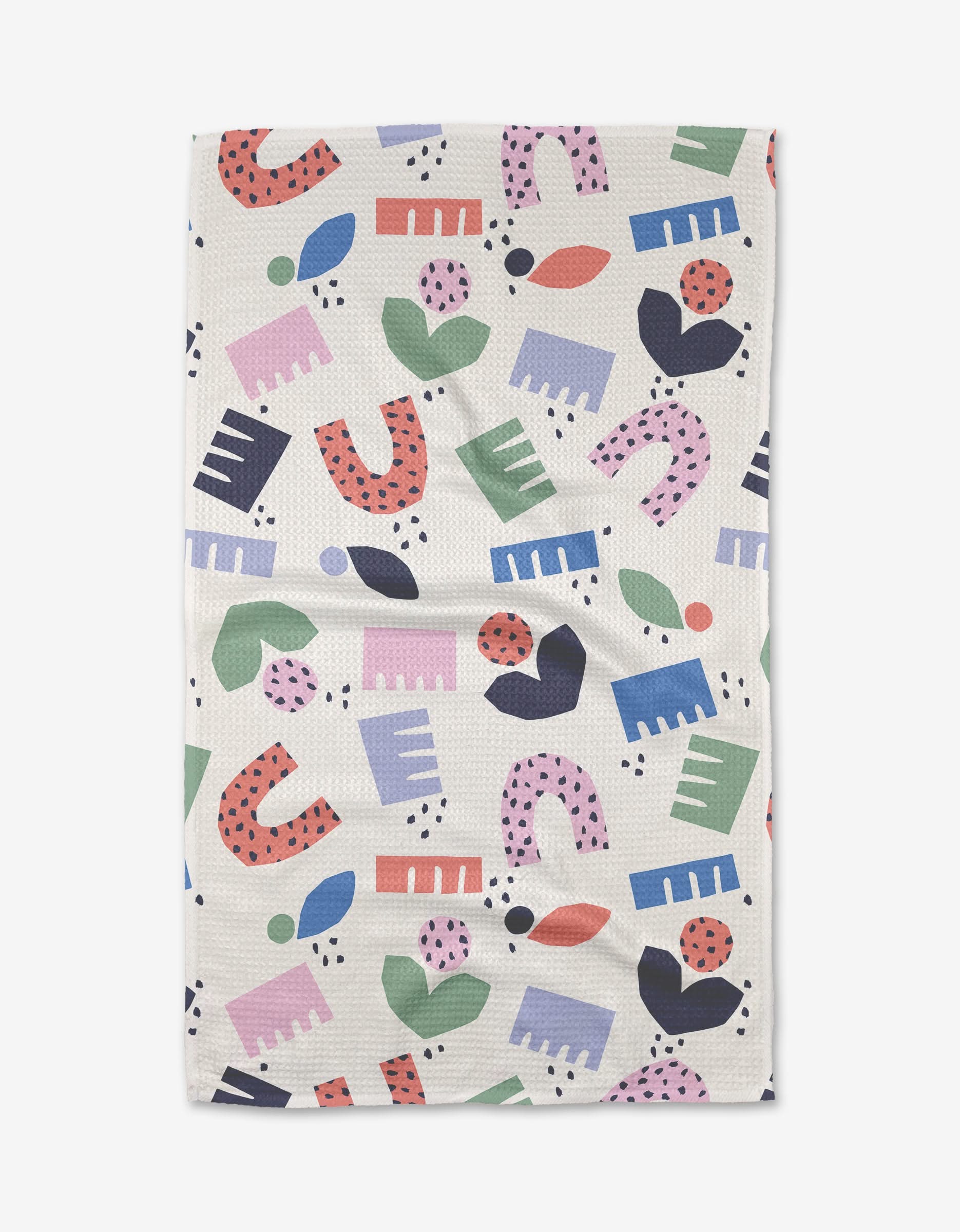 The Love Letters tea towel by Claire Iglesias features a vibrant abstract pattern in red, blue, green, purple, and black—crafted from recycled materials for an eco-friendly touch.