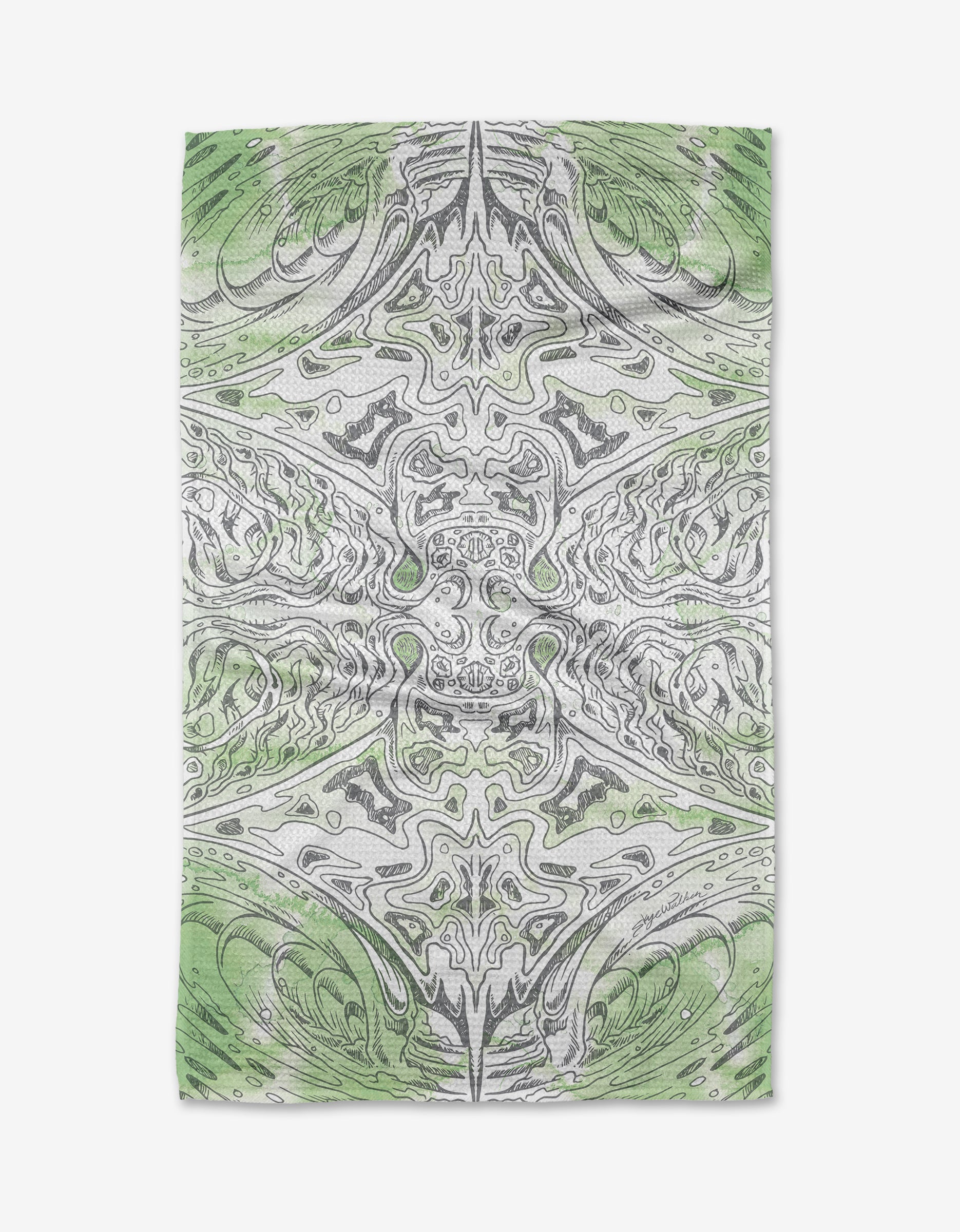 The Manta Tea Towel by Skye Walker is made from Geoweave™ fabric and showcases a detailed, symmetrical green and gray pattern with abstract marbled lines on a white background.