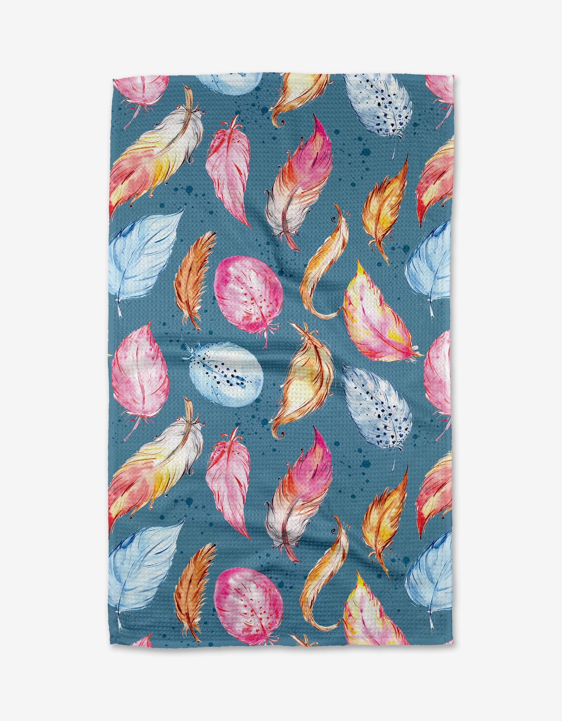 Elena Fays Midnight Breeze tea towel features vibrant feathers in pink, yellow, orange, blue, and purple on Geoweave™ fabric.