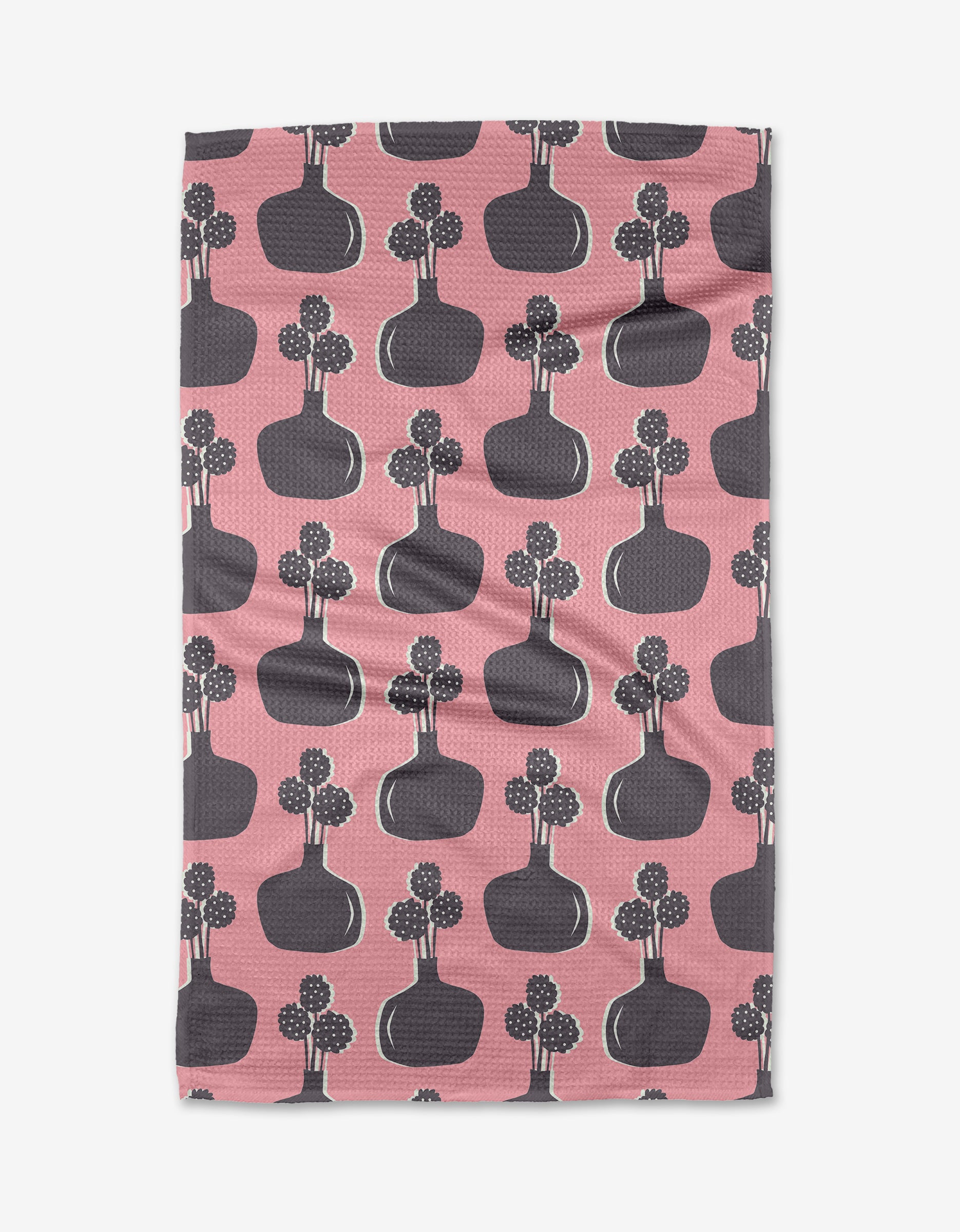 Modern Bouquet by Lizzie Clark is a pink cloth with dark gray vases and stylized dotted flowers, crafted from ultra-absorbent Geoweave fabric for a playful, modern touch.